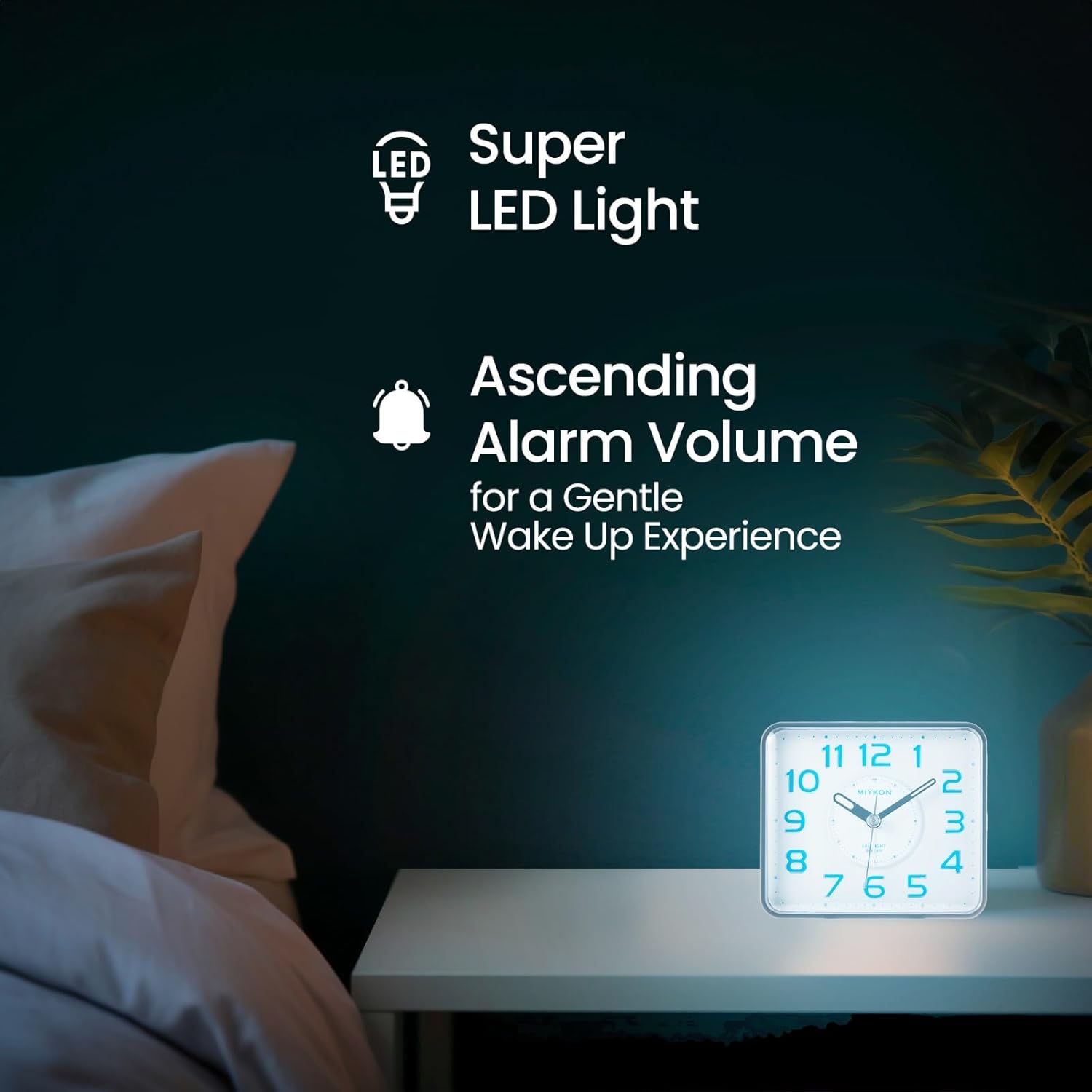 Miykon Small Square Analog Alarm Clock - Silent Non-Ticking LED Light Battery Operated