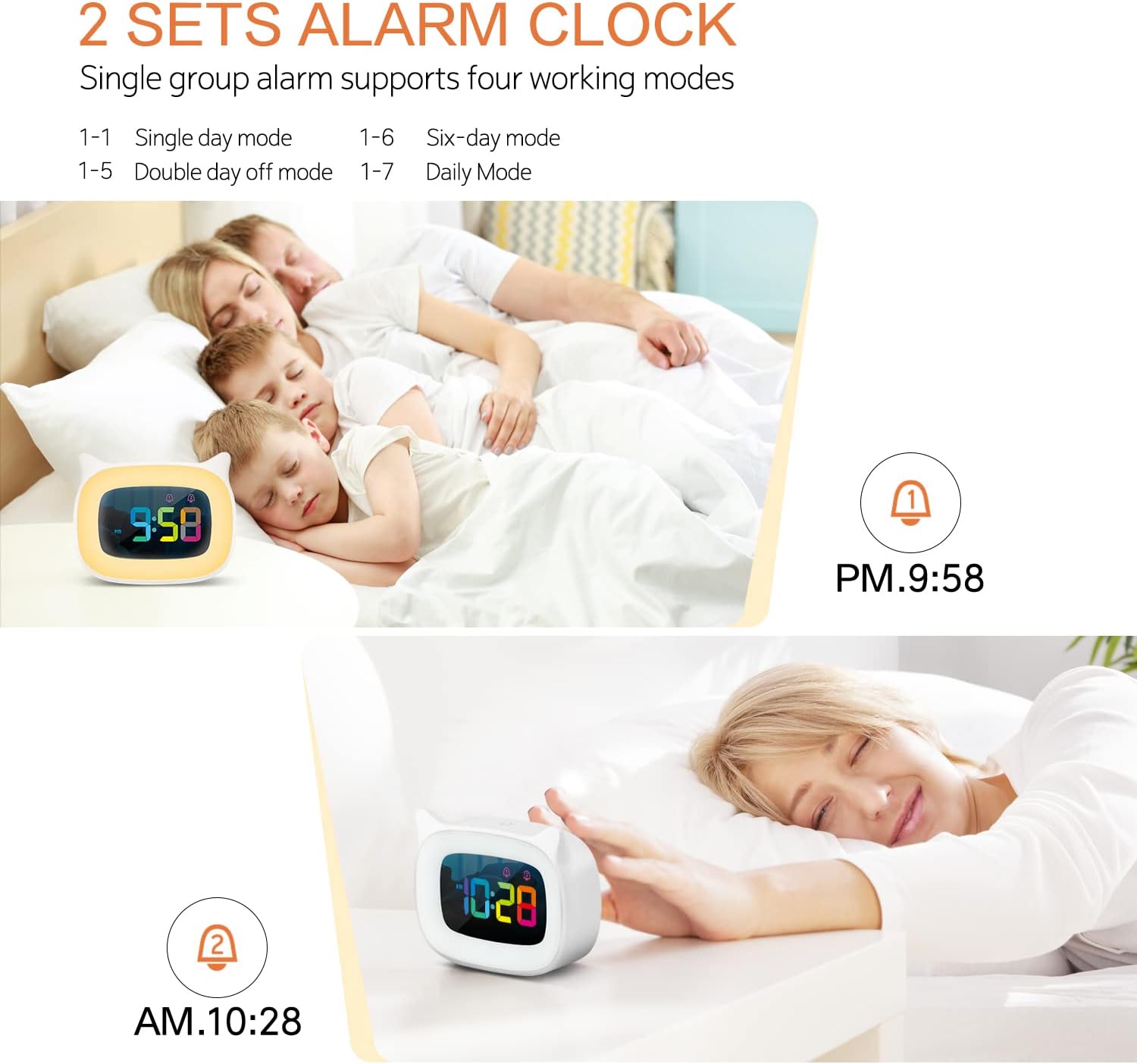 Cute Cat Ear Alarm Clock with RGB Night Light and 18 Ringtones