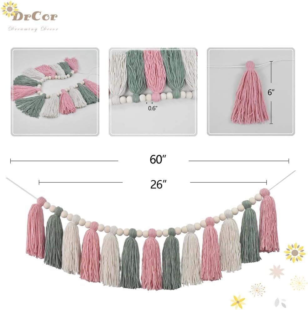 DrCor Boho Pink Sage Green Tassel Garland