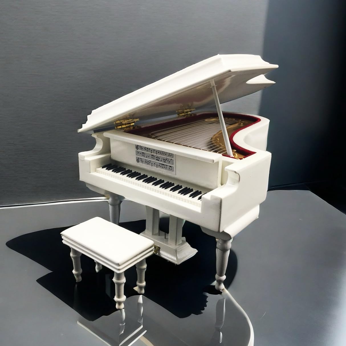 White Piano Music Box with Bench and Black Case