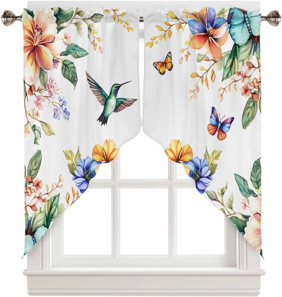 Blue Hummingbird Flower Valance Curtains 2 Panel 28Wx36L