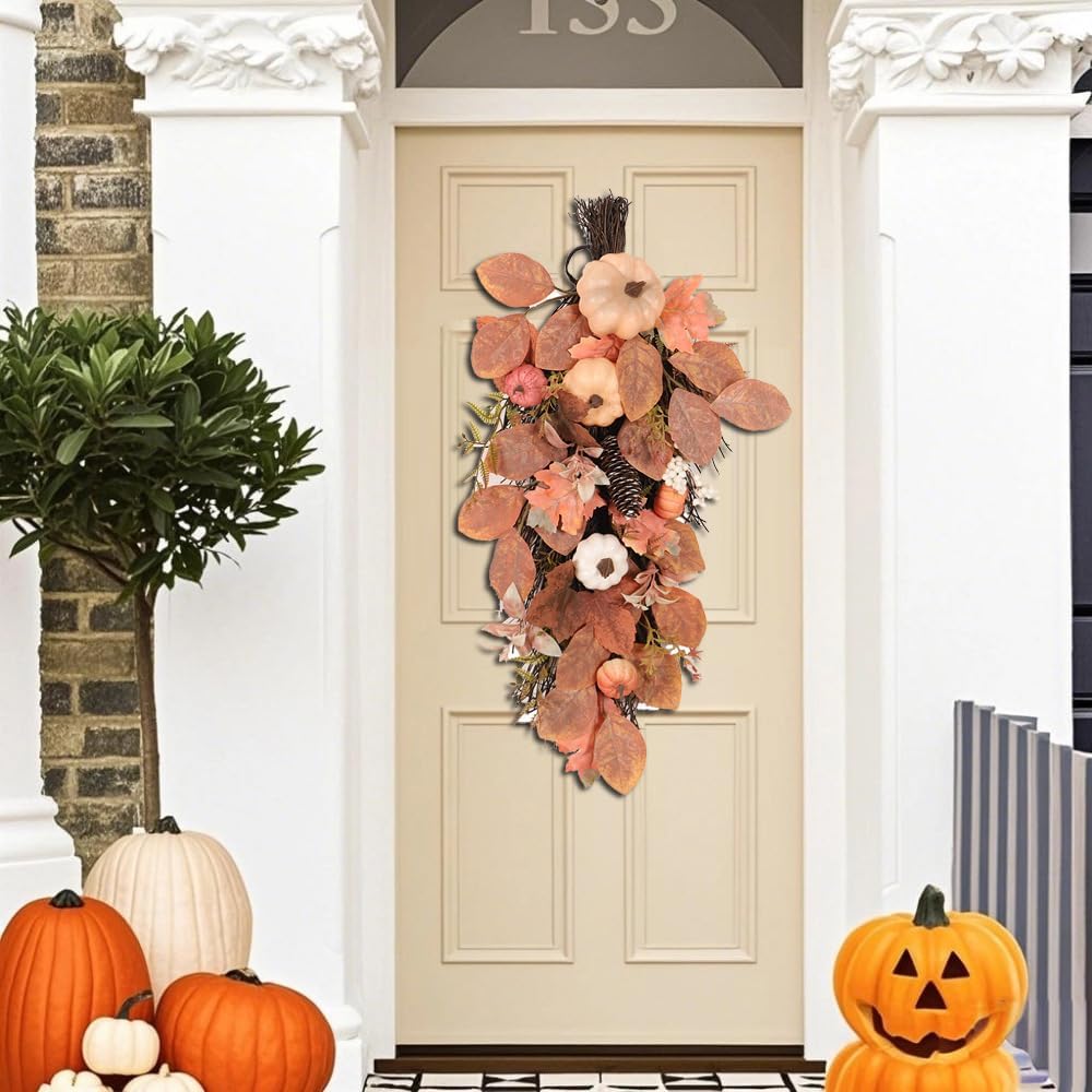 Artificial Fall Teardrop Swag Wreath 26 Inch Halloween Decor