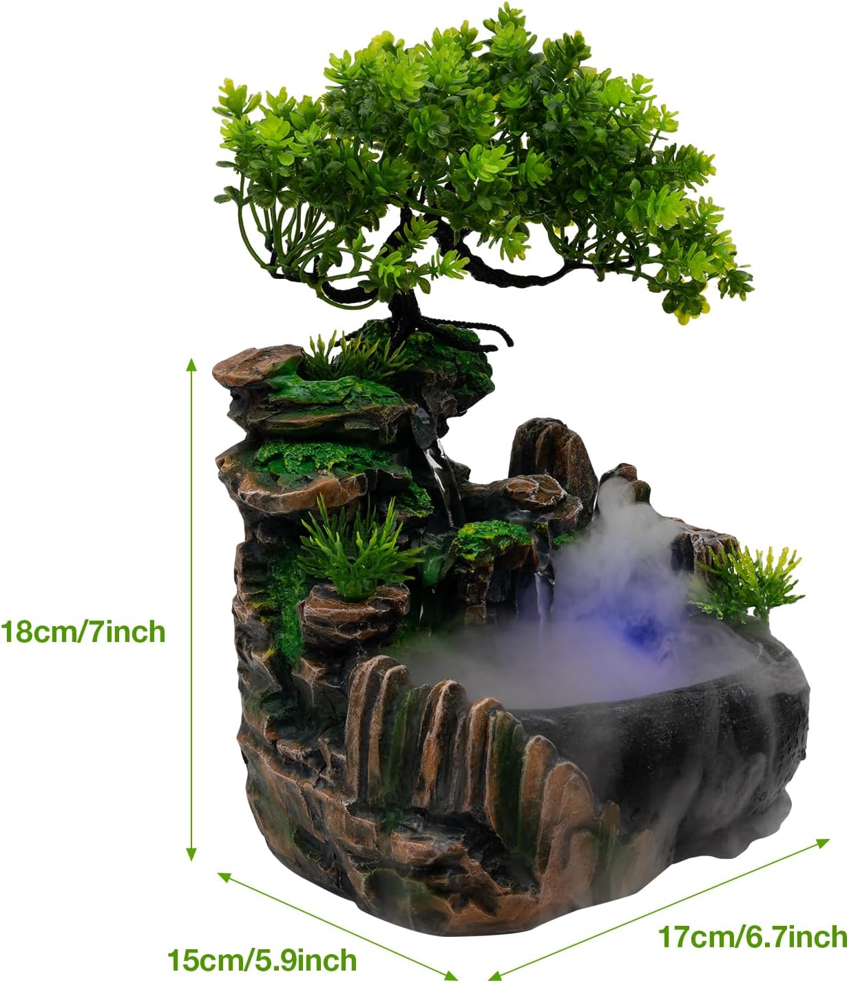 TITIDU Desktop Waterfall Bonsai Fountain with LED Lights and Atomizer