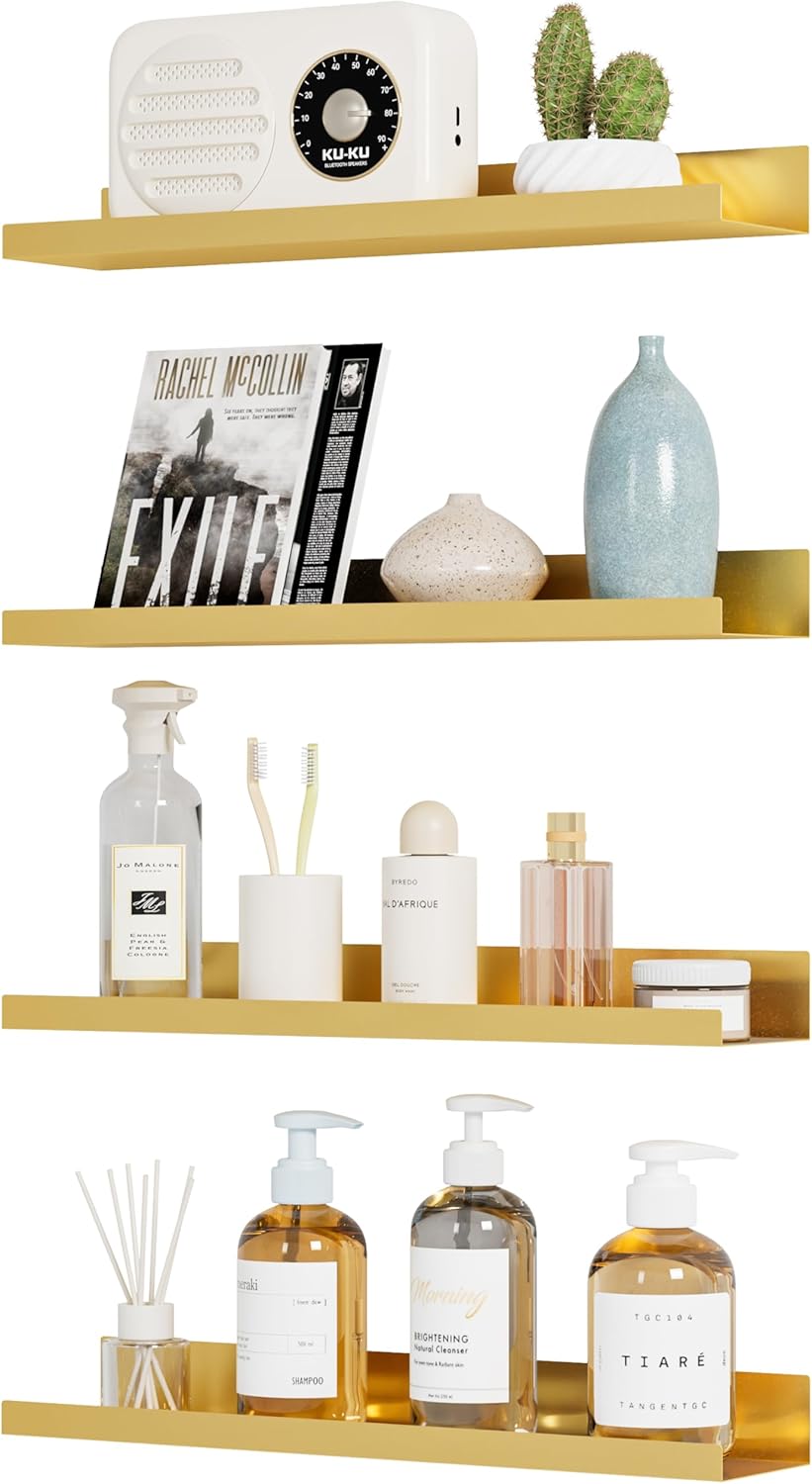 4 Pack Gold Metal Floating Shelves for Wall Storage