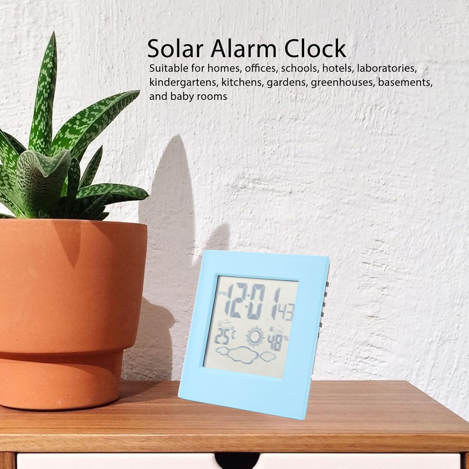 Leapiture Solar Powered Alarm Clock with Weather Forecast Blue LCD Display