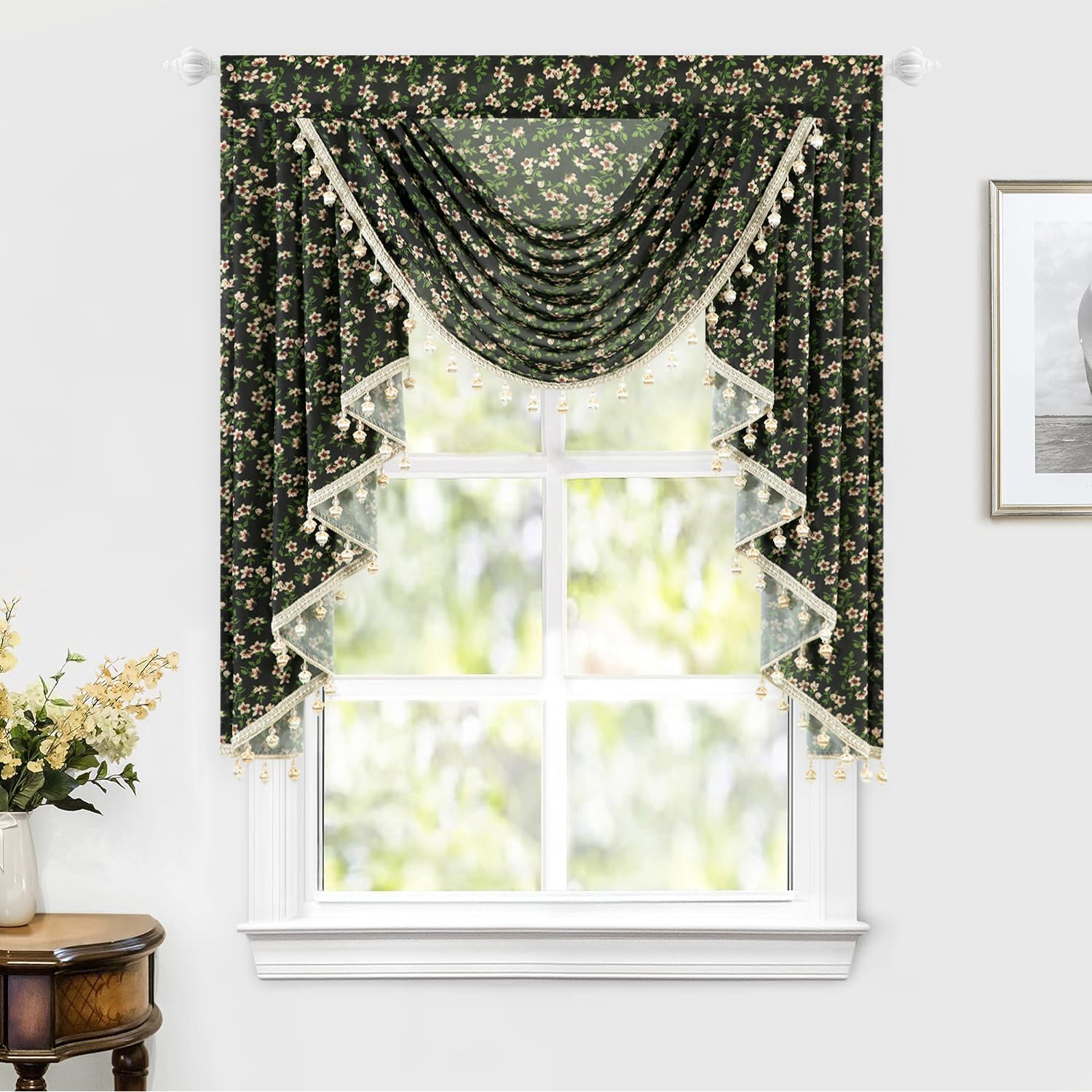 Leeva Farmhouse Style Waterfall Valance with Cherry Blossom Print and Beaded Trim