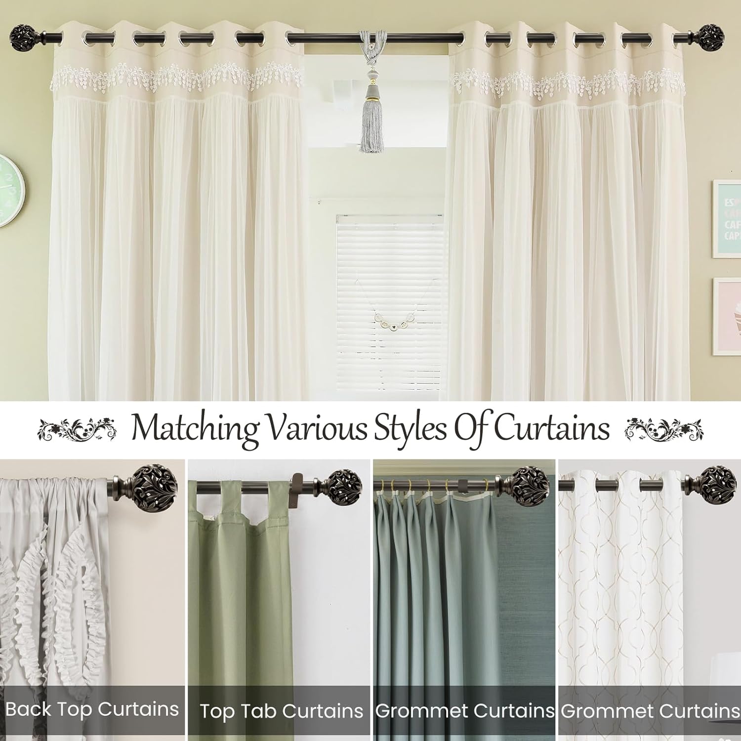 Bronze Curtain Rods 18-45 Inches with Decorative Finials