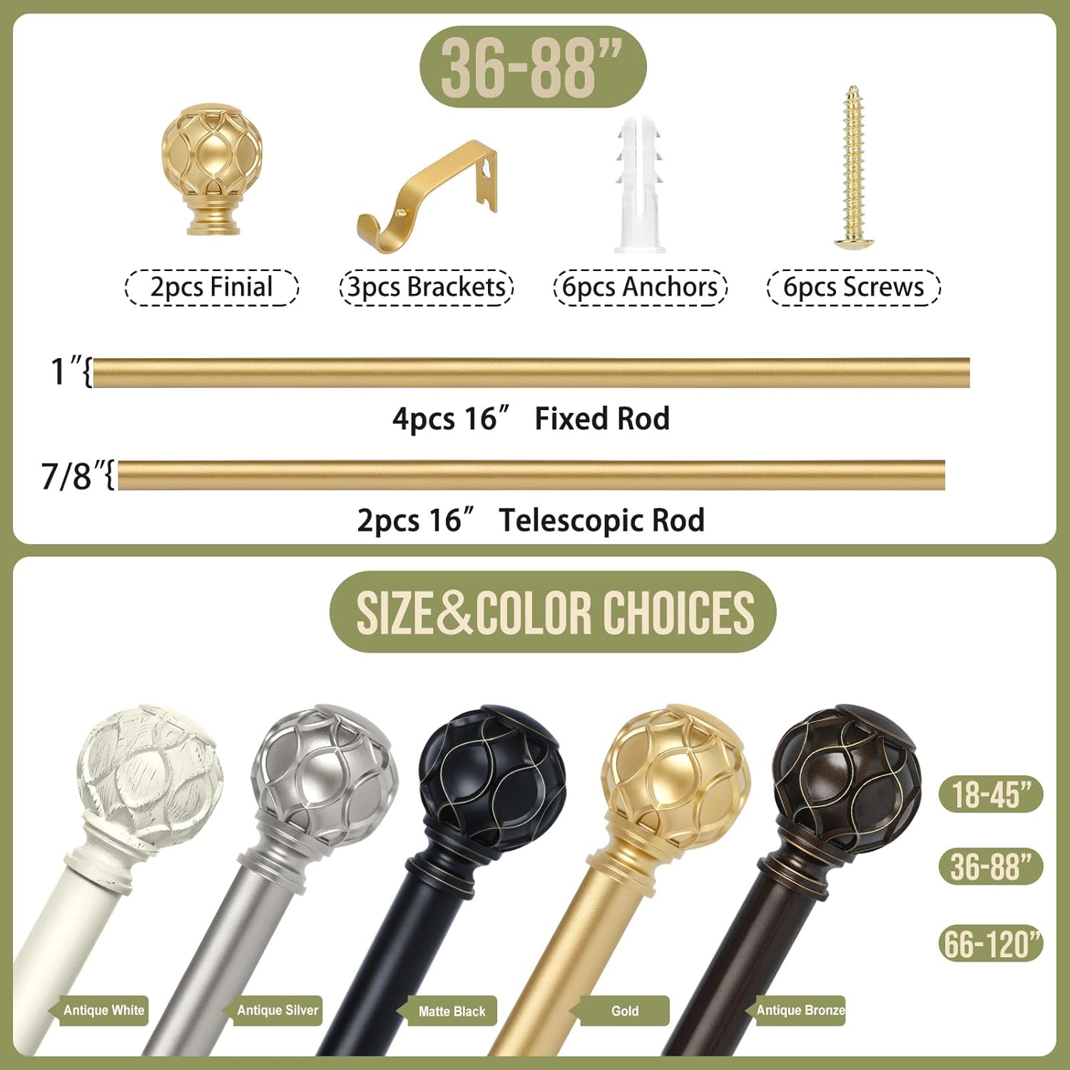 Gold Adjustable Curtain Rods 36-88 Inch