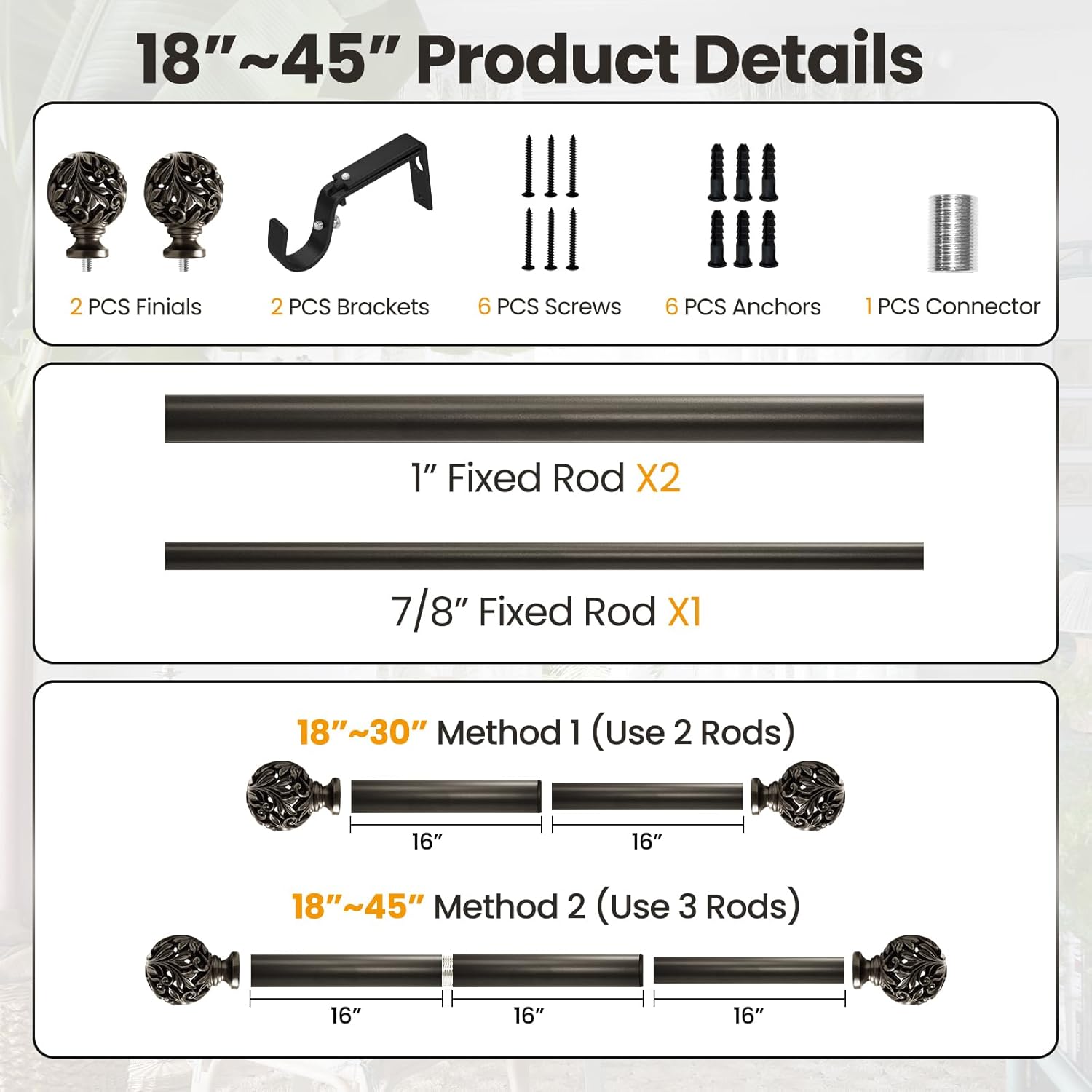 Bronze Curtain Rods 18-45 Inches with Decorative Finials