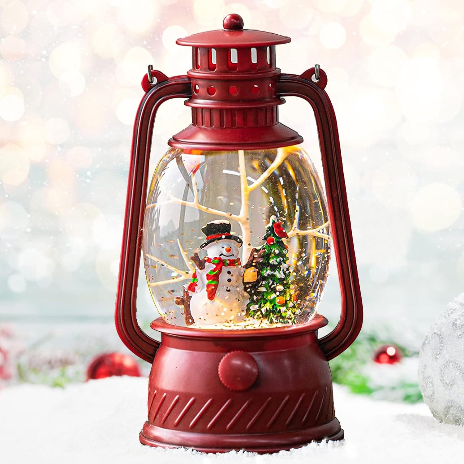 Christmas Musical Red Snow Globe Lantern with Snowman and Glitter