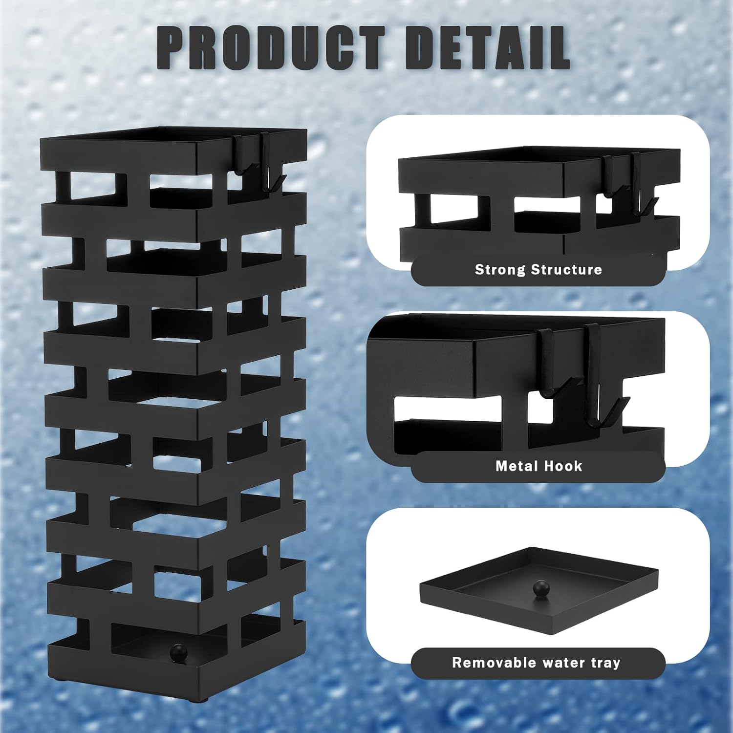 Tudomro Large Black Metal Umbrella Stand with Hooks and Water Tray
