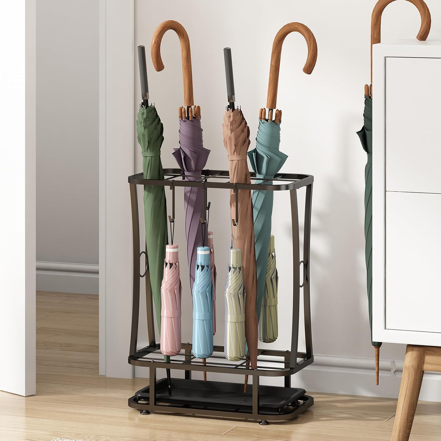 Wisdom Star Industrial Metal Umbrella Stand with Drip Tray and 6 Hooks