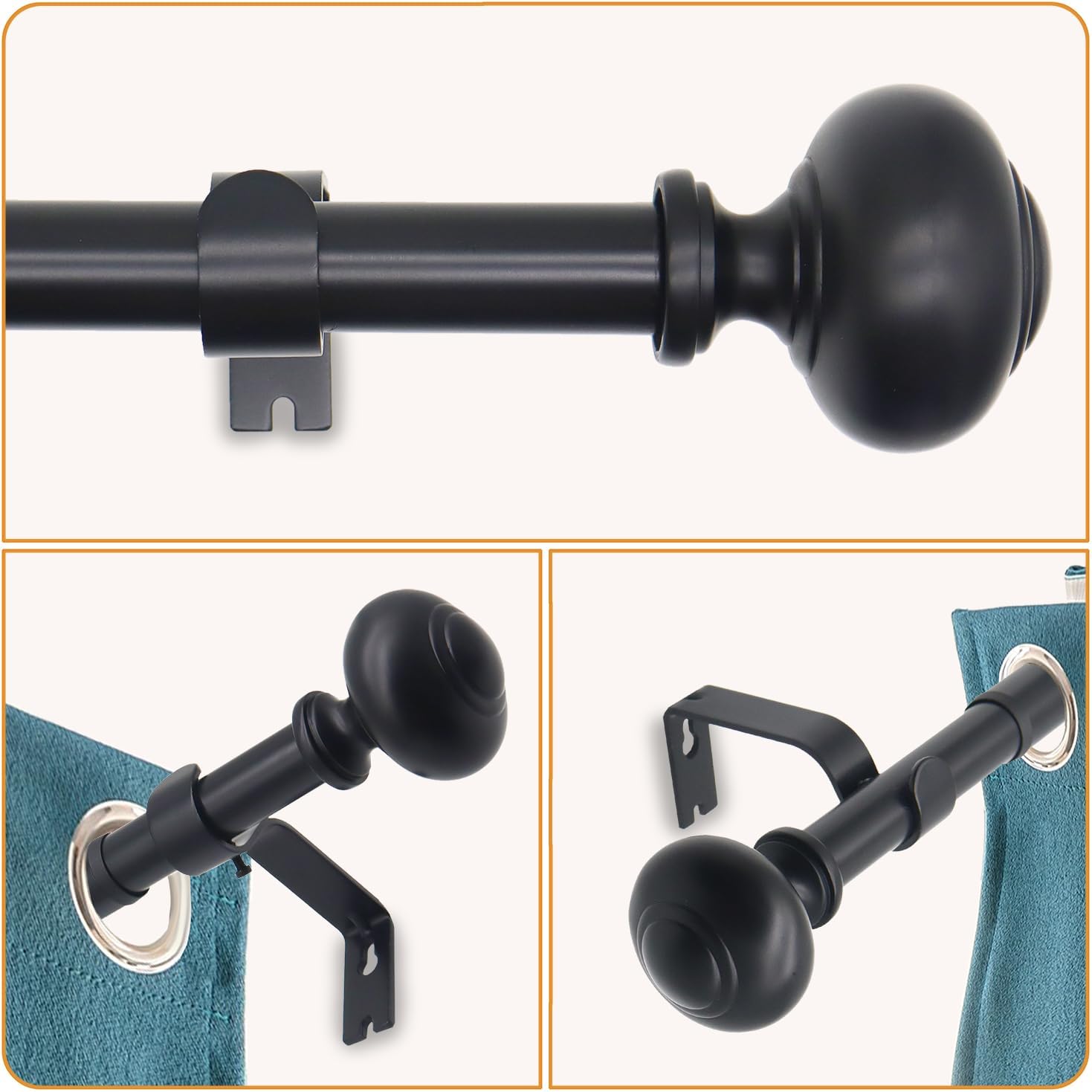 QITERI Black Curtain Rod 48-86 Inches Single Rod with Round Finials
