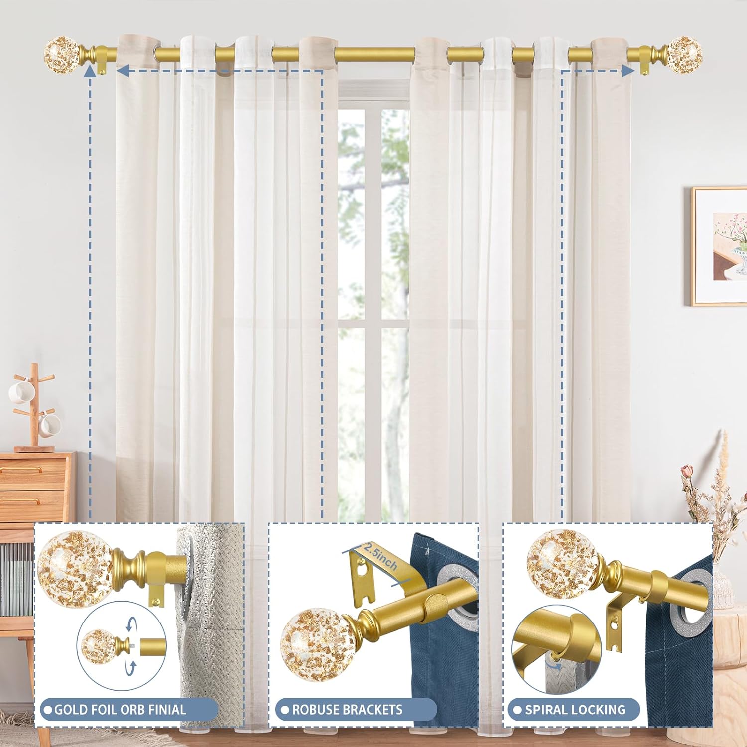 TVWOO Gold Crystal Curtain Rods 18-60 Inch