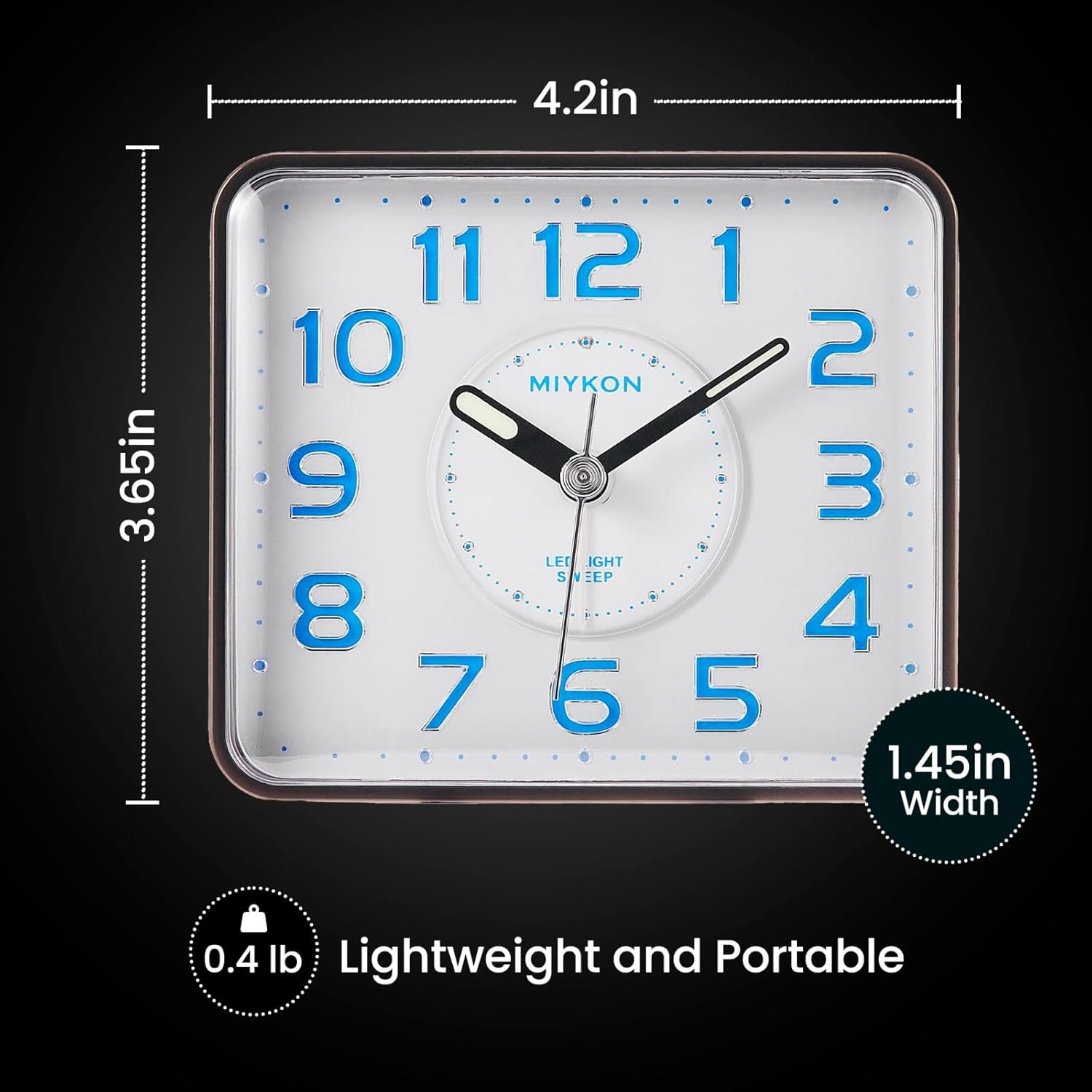 Miykon Small Square Analog Alarm Clock - Silent Non-Ticking LED Light Battery Operated