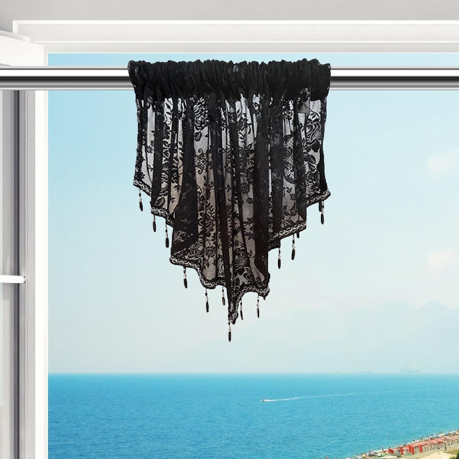 Beaded Window Valance Swag Curtain Black Elegant