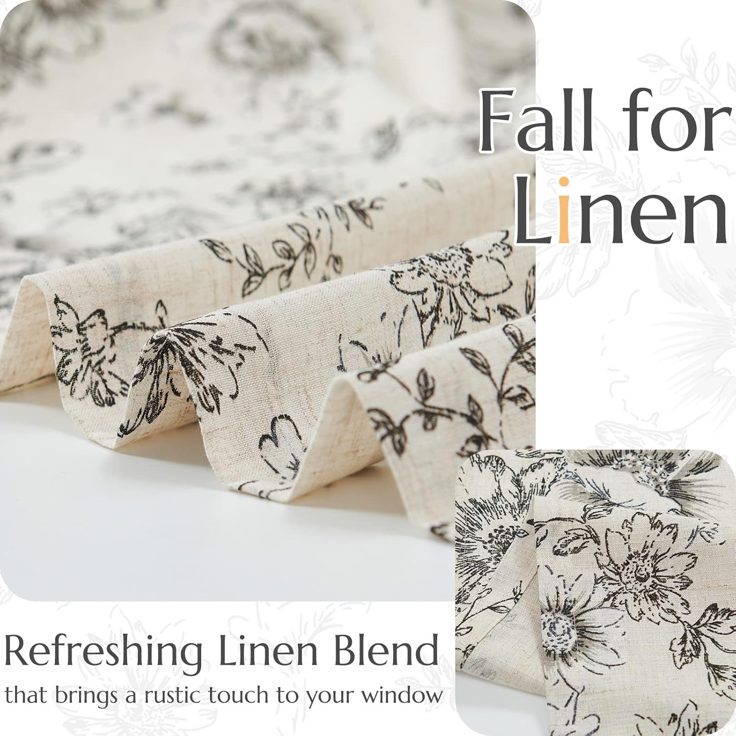 Jinchan Tie Up Valance Floral Linen 54 Inch Peonies Window Treatment