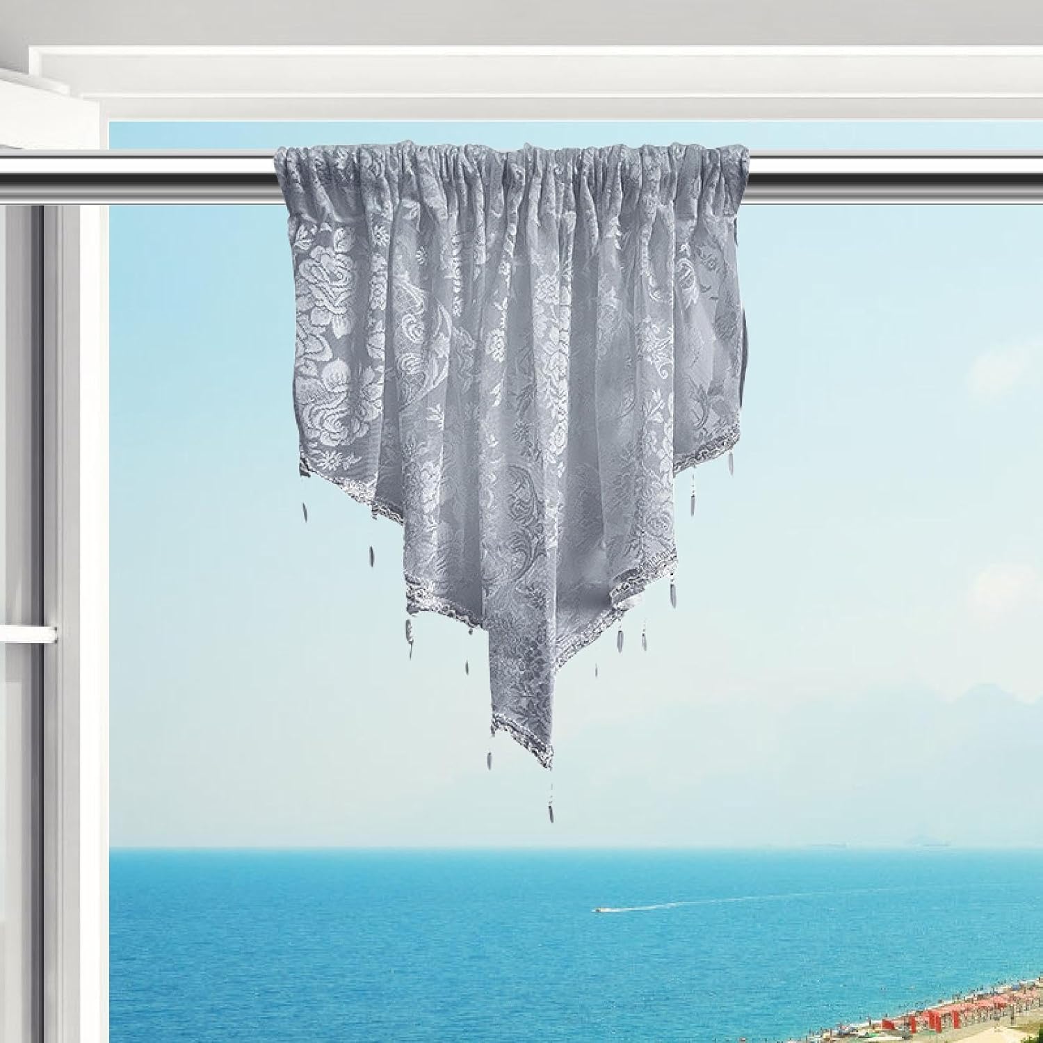 Beaded Window Valance Swag Curtain Gray