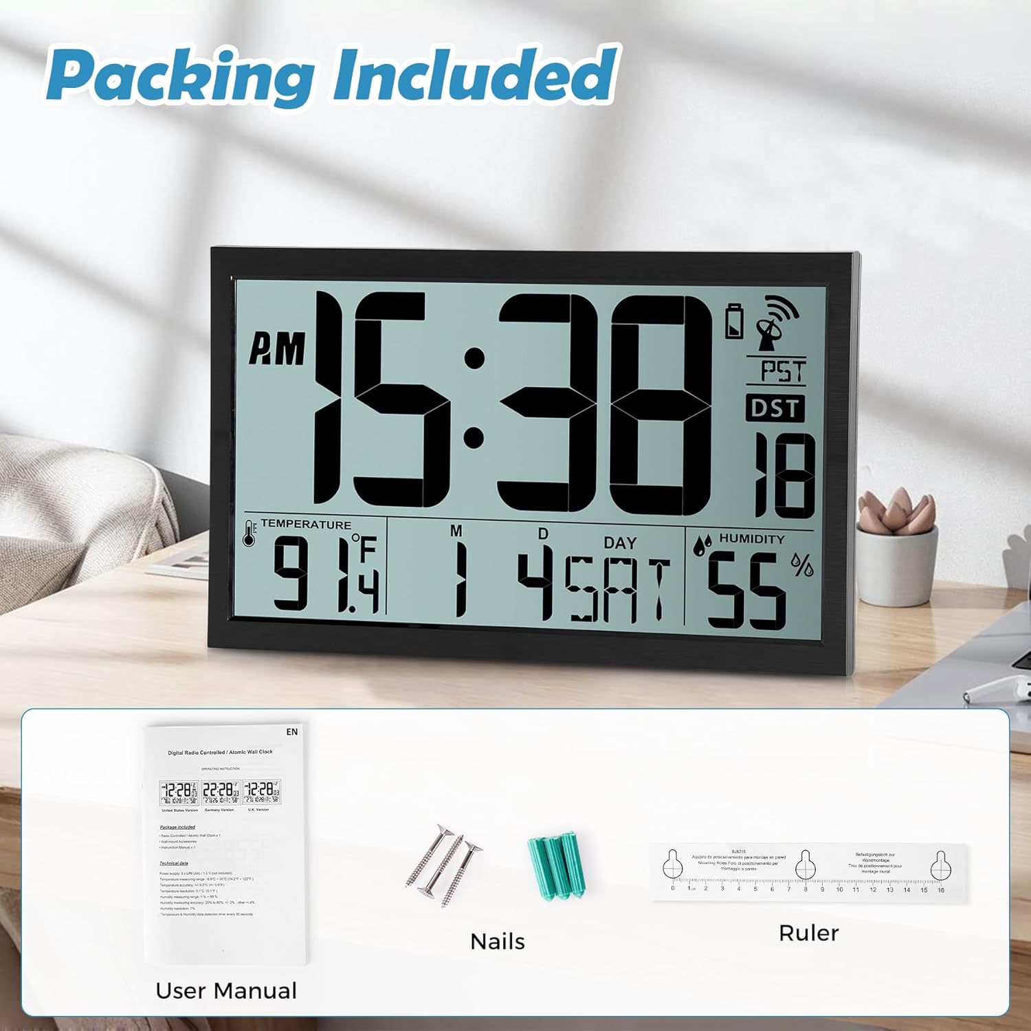 SZELAM Atomic Wall Clock with Digital Calendar and Indoor Climate Display
