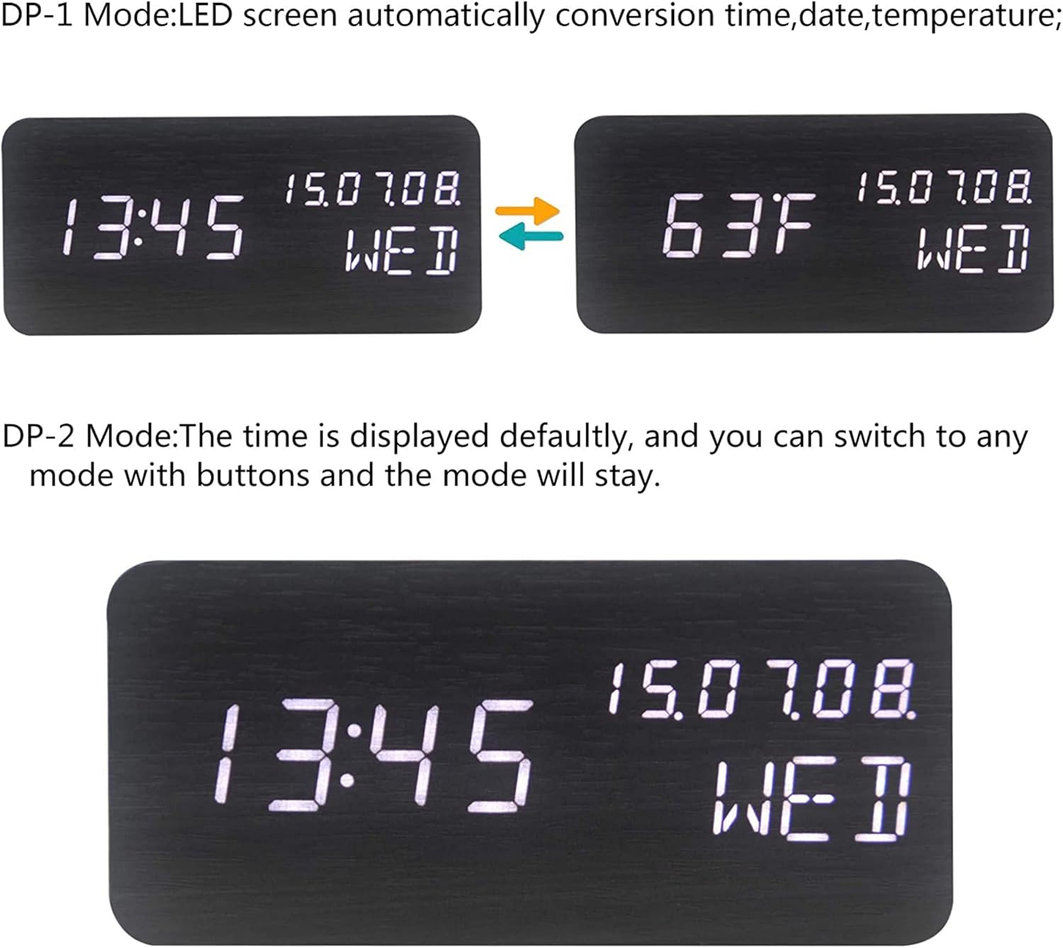 Wooden Digital Alarm Clock with Nightlight and Temperature Display