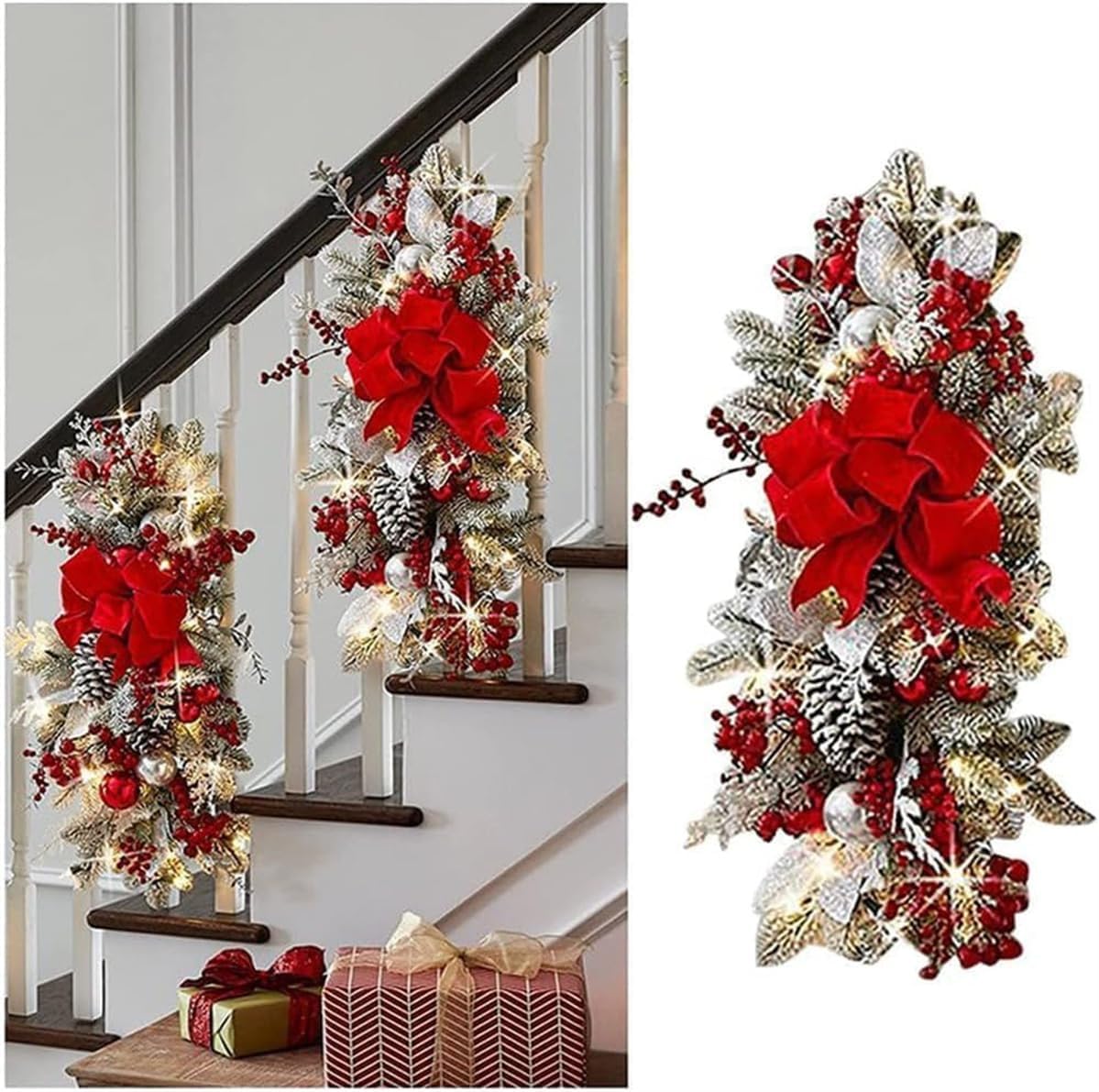 Red Artificial Christmas Teardrop Swags Pre Lit Staircase Decor