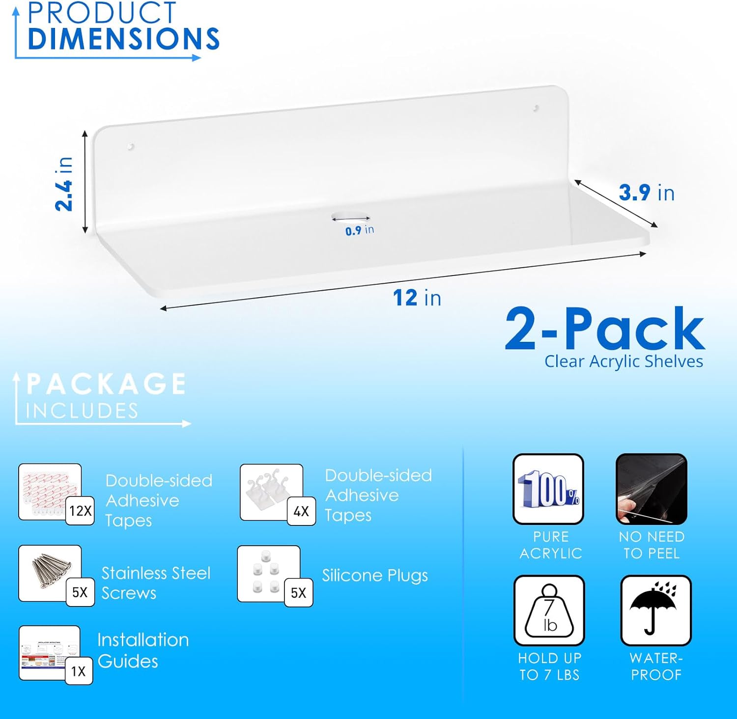 OAPRIRE White Acrylic Floating Shelves Set of 2 - No Drill Installation