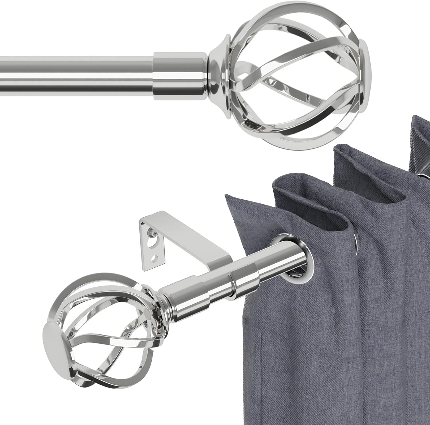 Chrome Silver Curtain Rods 66-120 Inch Adjustable