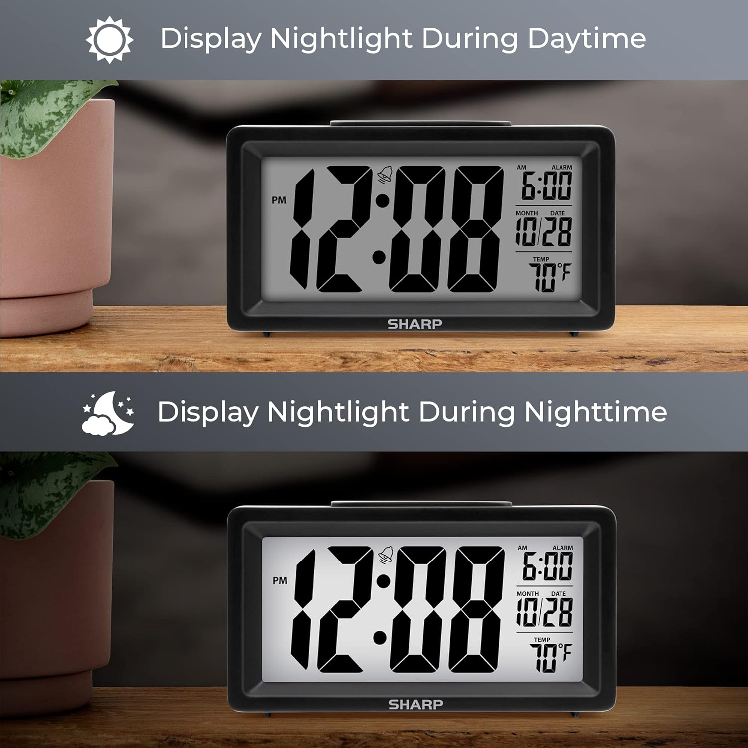Sharp Digital Alarm Clock with Nightlight and Temperature Display