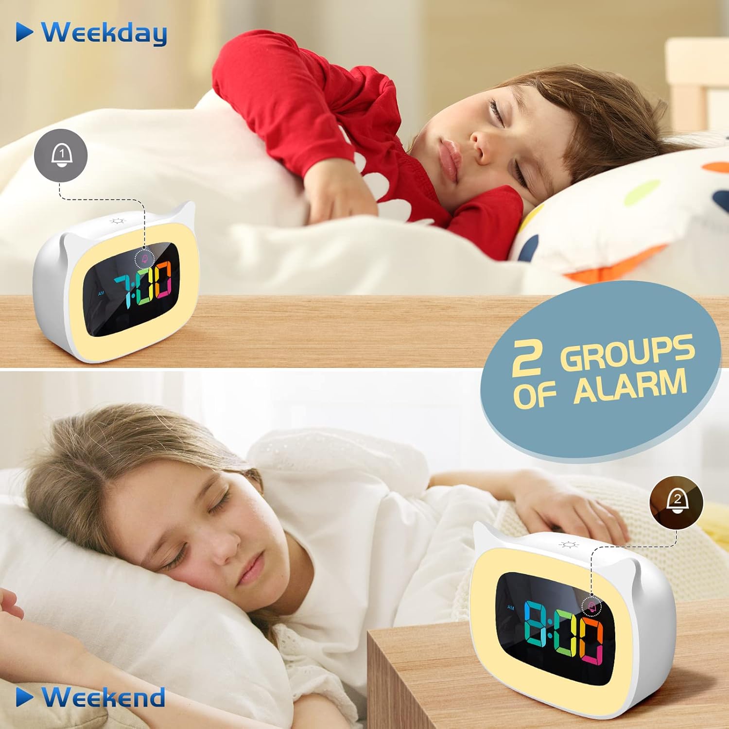 Cute Cat Ear Alarm Clock with RGB Night Light and 18 Ringtones