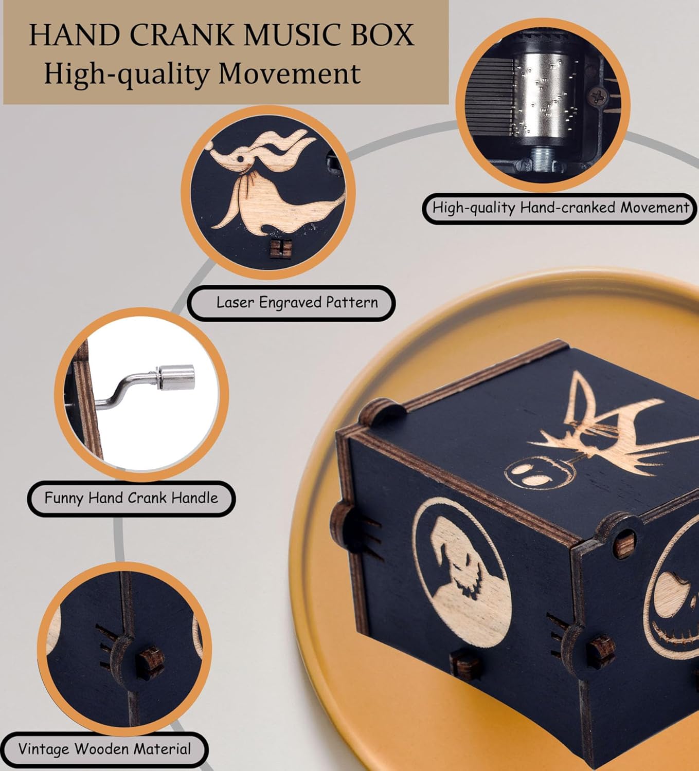Keast Funny Wooden Hand Crank Music Box Halloween Decor