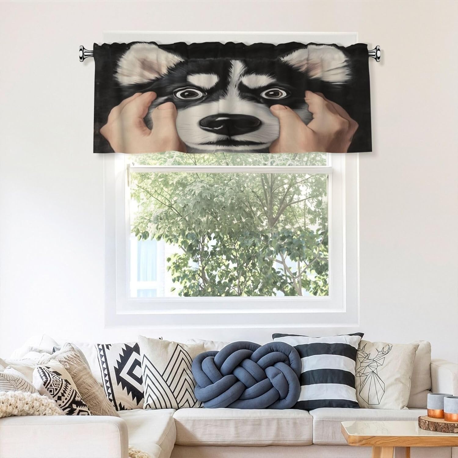 Funny Husky Face Valance Curtains 18x54 Inch Black