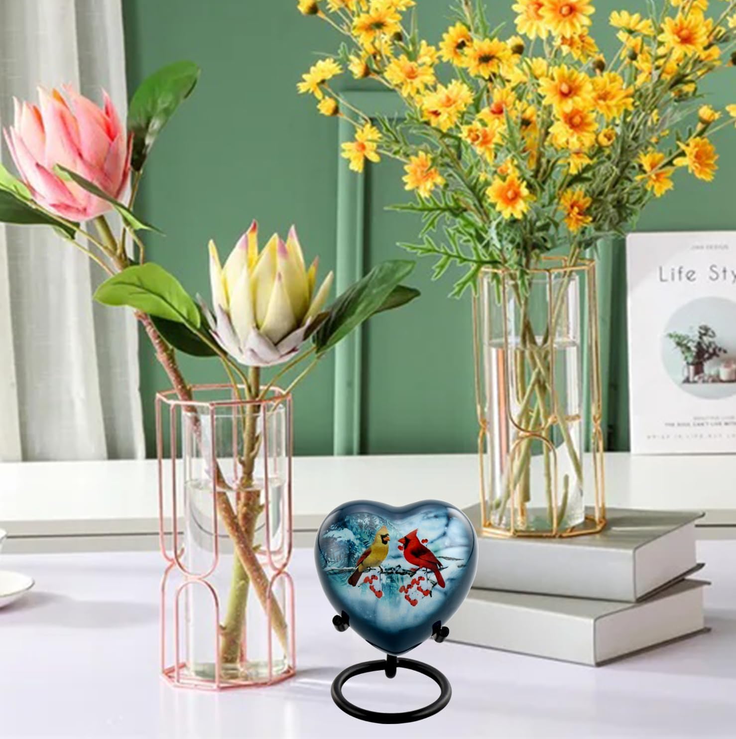 Cardinal Couple Heart Keepsake Urn with Stand