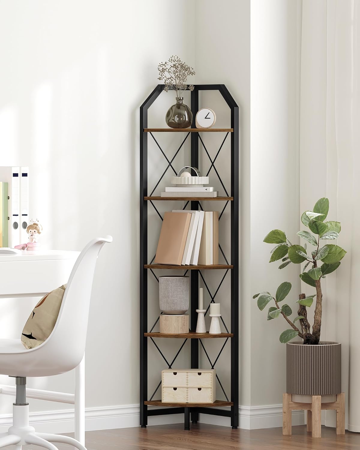 5-Tier Industrial Corner Bookshelf with Rustic Design