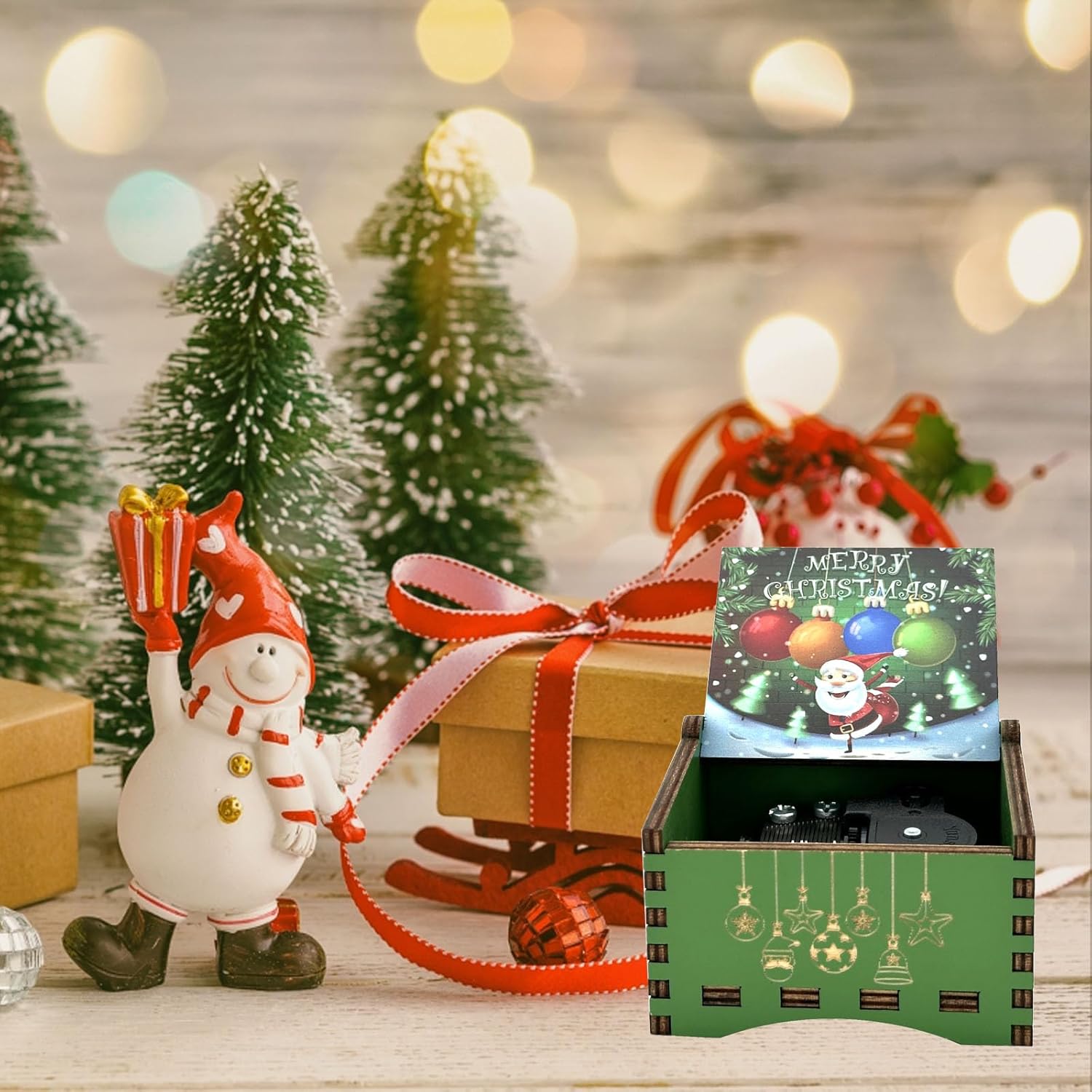 Pursuestar Green Wind Up Music Box - We Wish You a Merry Christmas