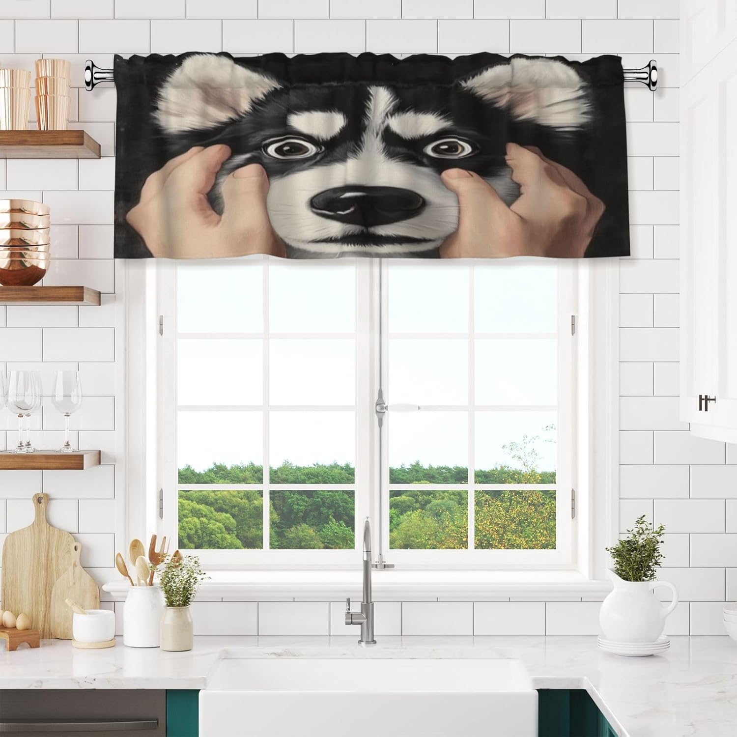 Funny Husky Face Valance Curtains 18x54 Inch Black