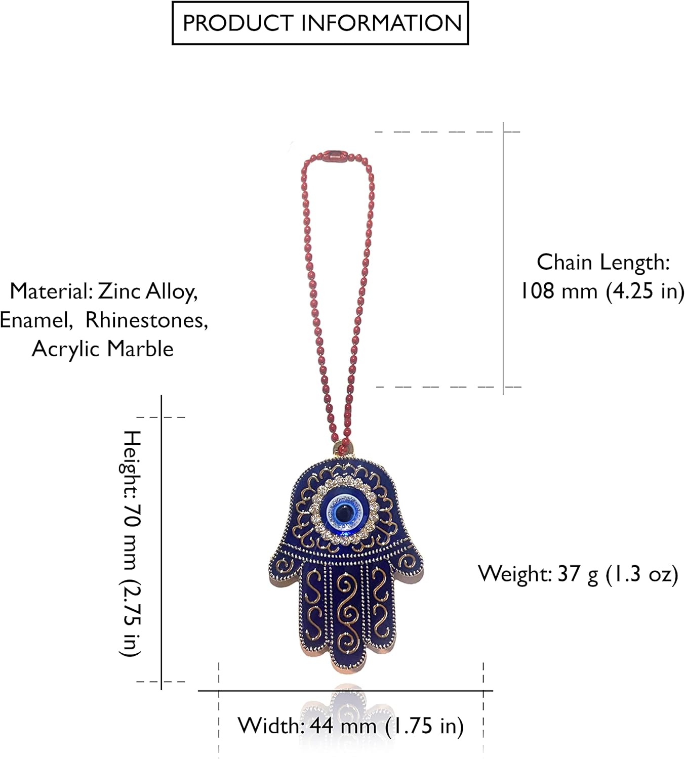 Sonoran Souvenirs Blue Hamsa Charm for Car Mirror