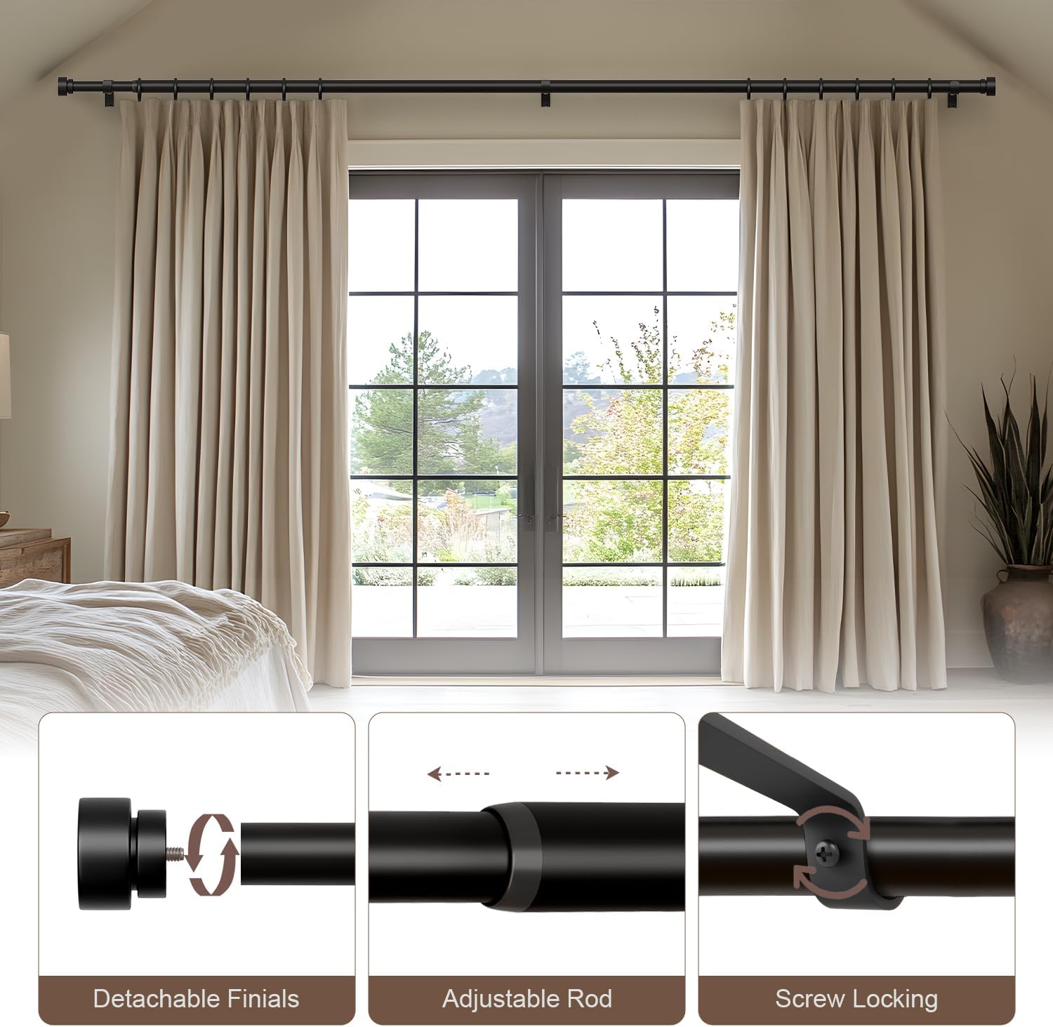 Modern Black Curtain Rods 1 Diameter Adjustable Length Heavy Duty