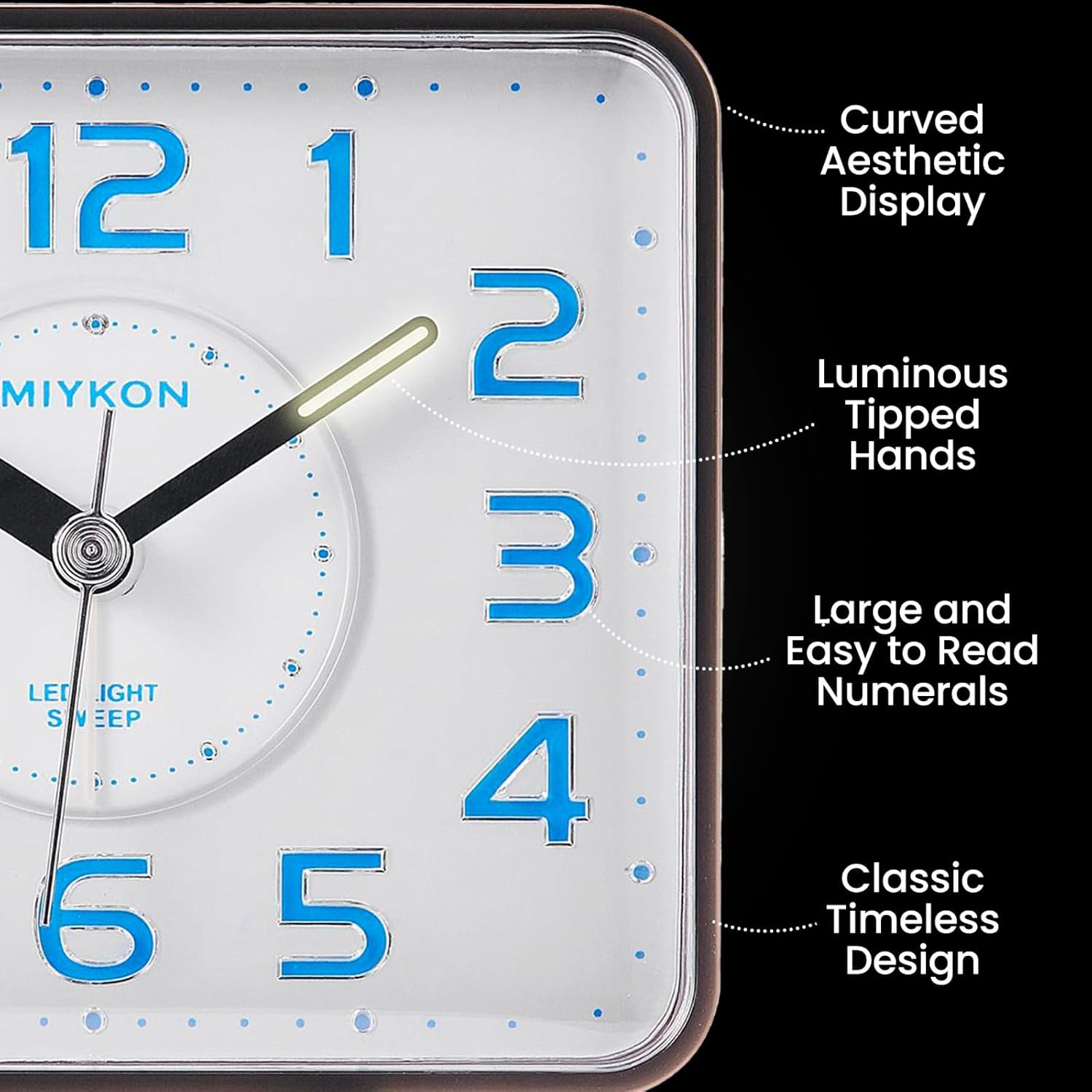 Miykon Small Square Analog Alarm Clock - Silent Non-Ticking LED Light Battery Operated