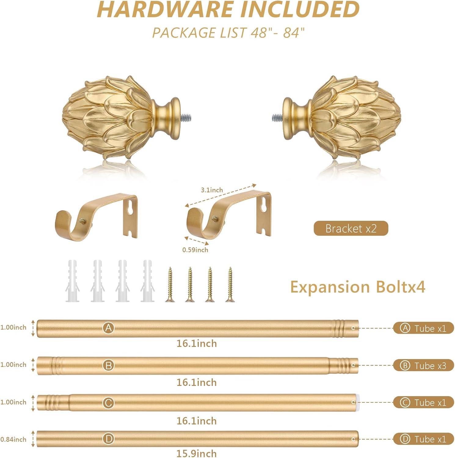 Adjustable Curtain Rods 48-84 Inches 1 Inch Diameter Gold Finials