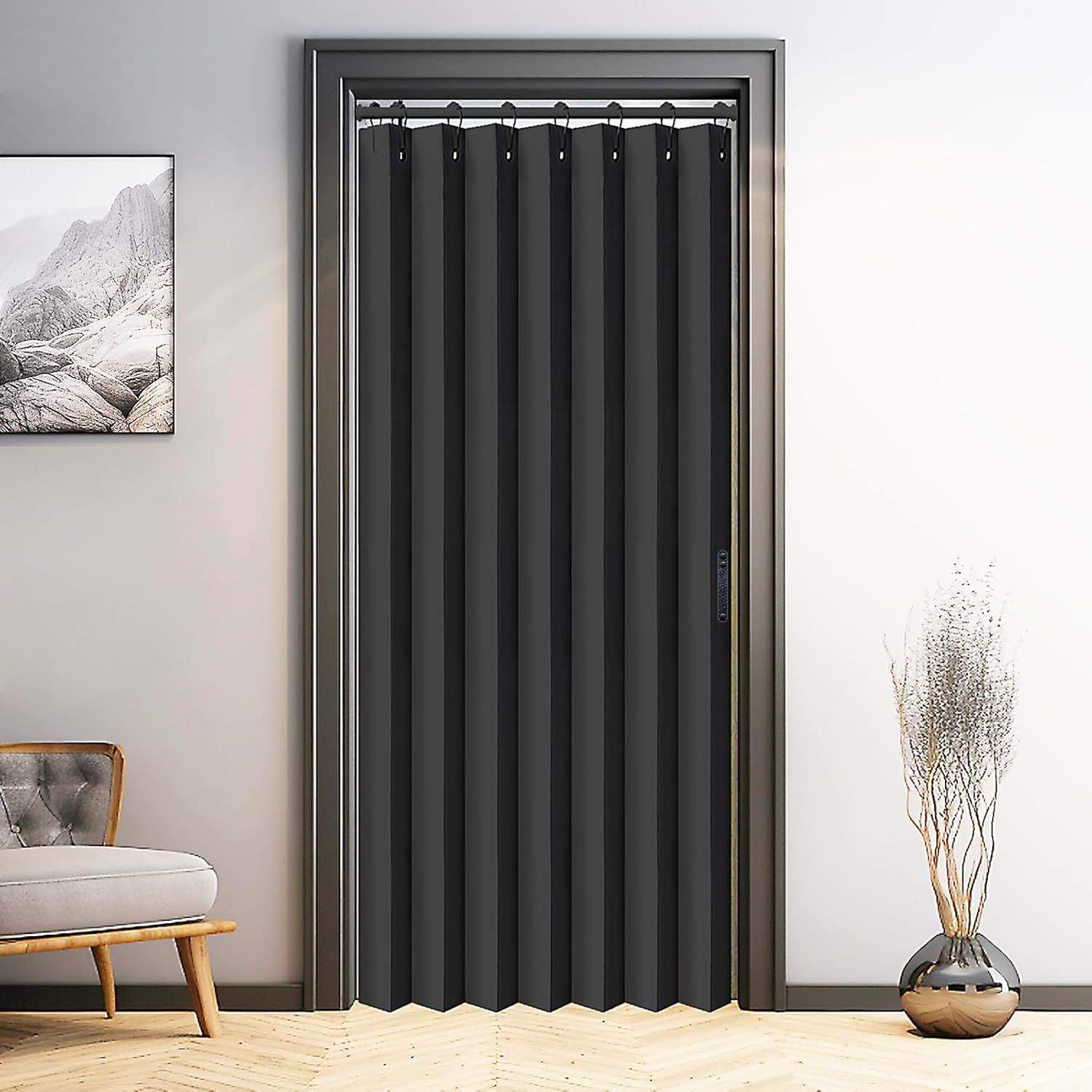 Vatge Black Folding Door Curtain 1 Panel with Tieback