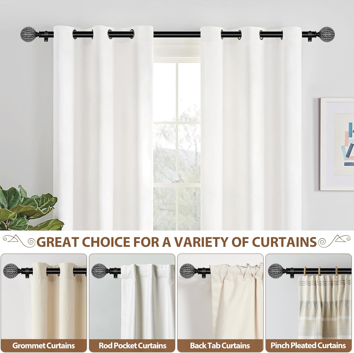 KAMANINA Wood Curtain Rods 48-84 Inch Black
