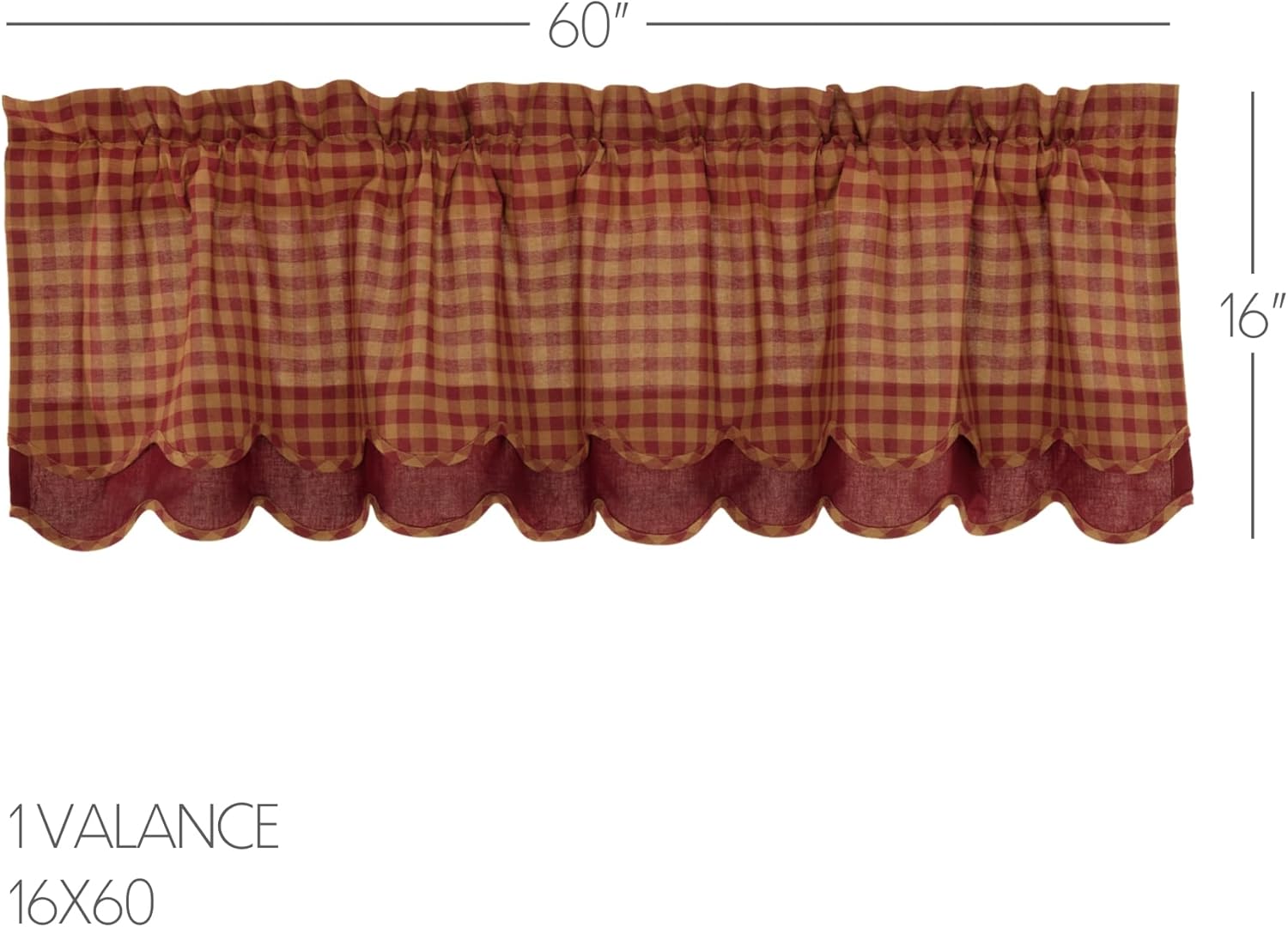 VHC Brands Burgundy Check Valance 16x60 Red Rod Pocket Cotton Curtains