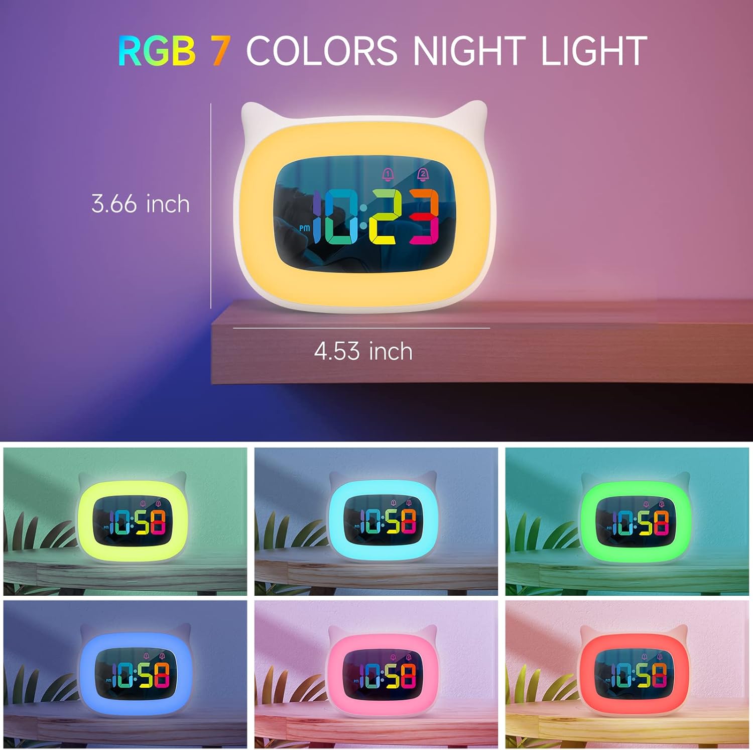 Cute Cat Ear Alarm Clock with RGB Night Light and 18 Ringtones