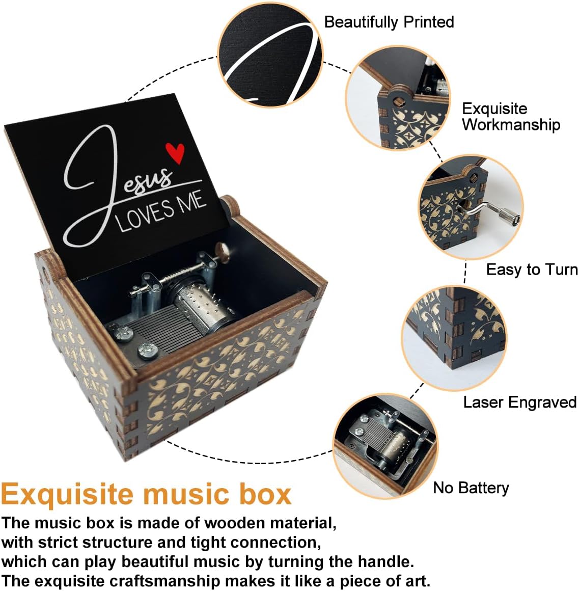 Jesus Loves Me Wooden Music Box with Hand Crank