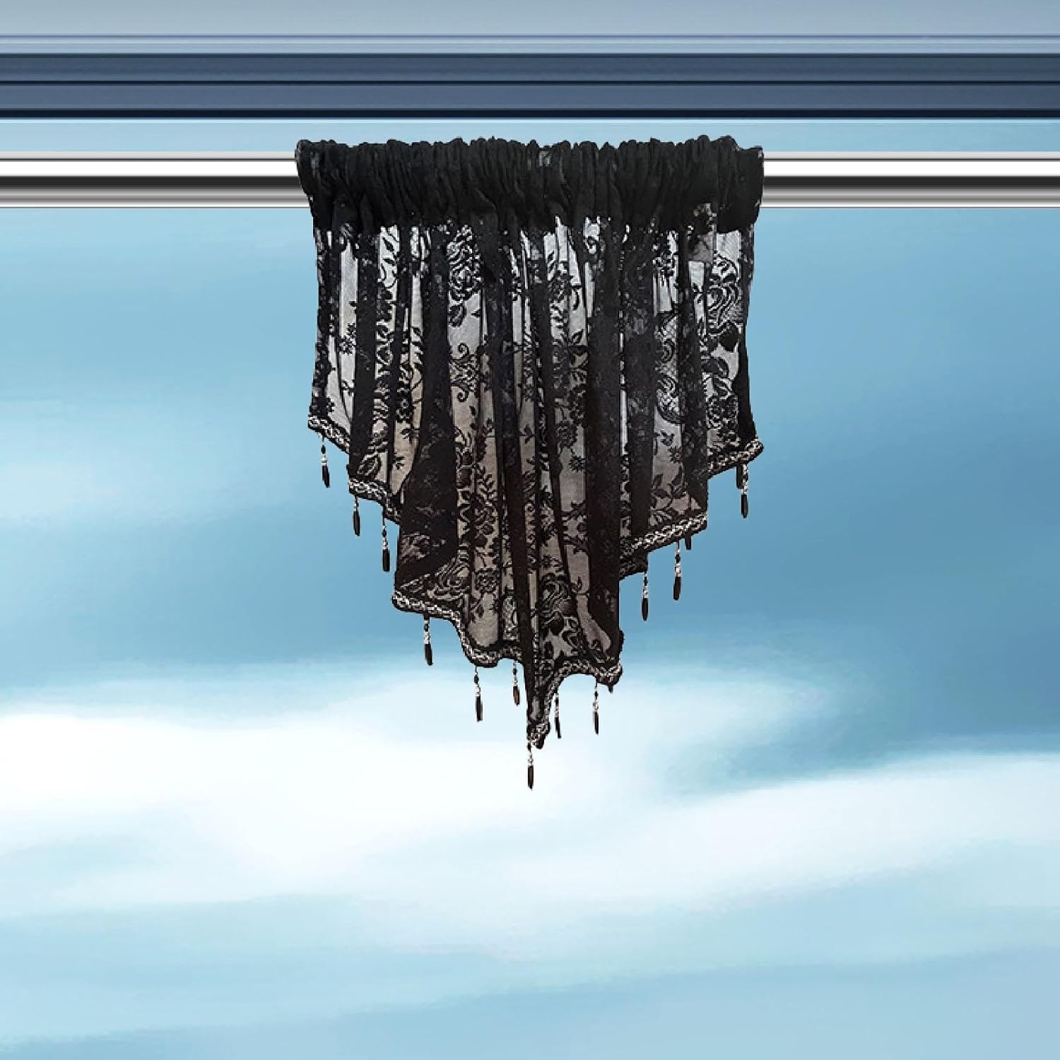 Beaded Window Valance Swag Curtain Black Elegant