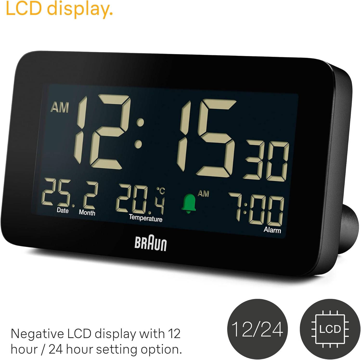 Braun Digital Alarm Clock with Date Month and Temperature Display
