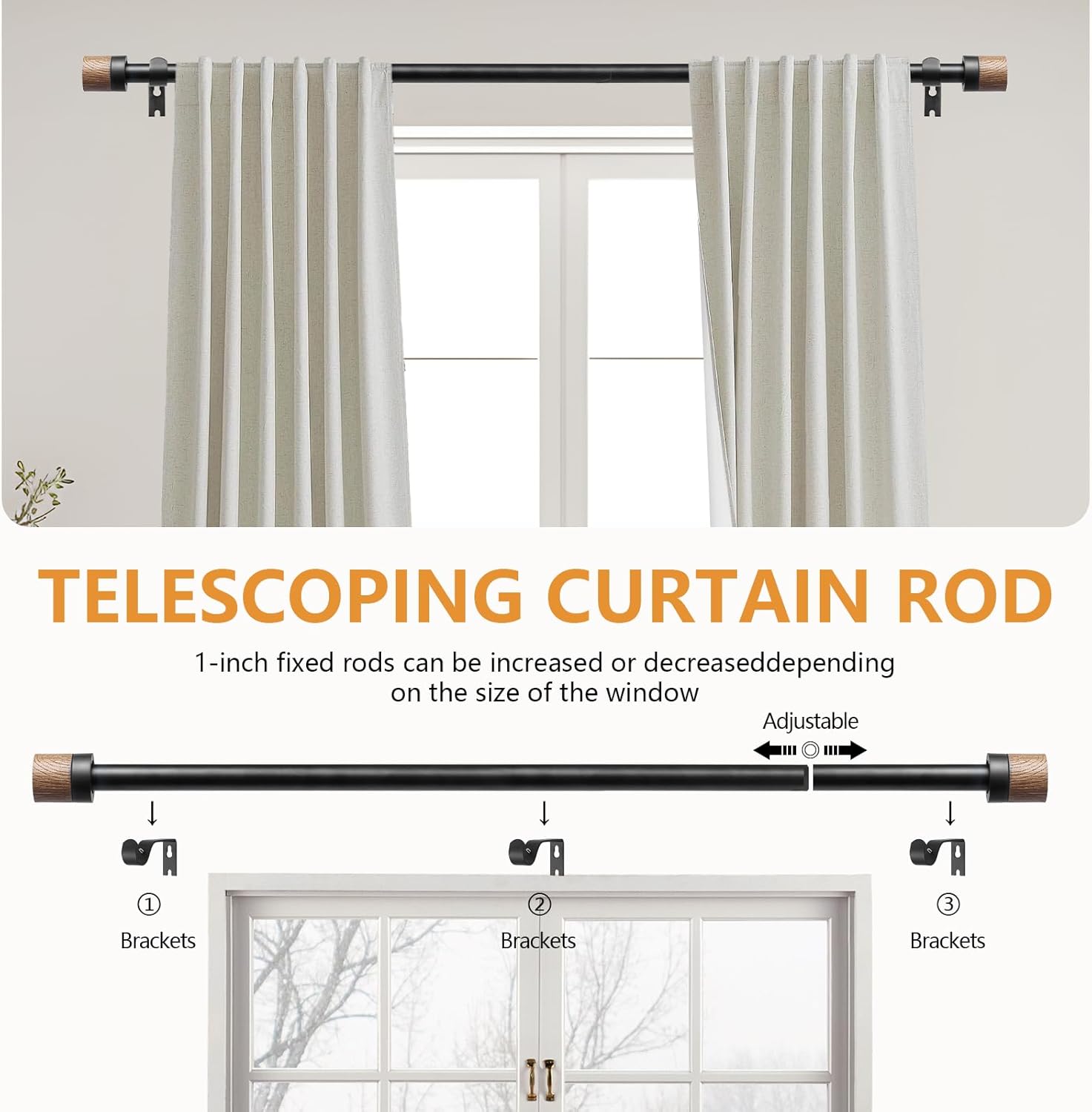 Wooden Curtain Rods 48-84 Inch Adjustable Farmhouse Rustic