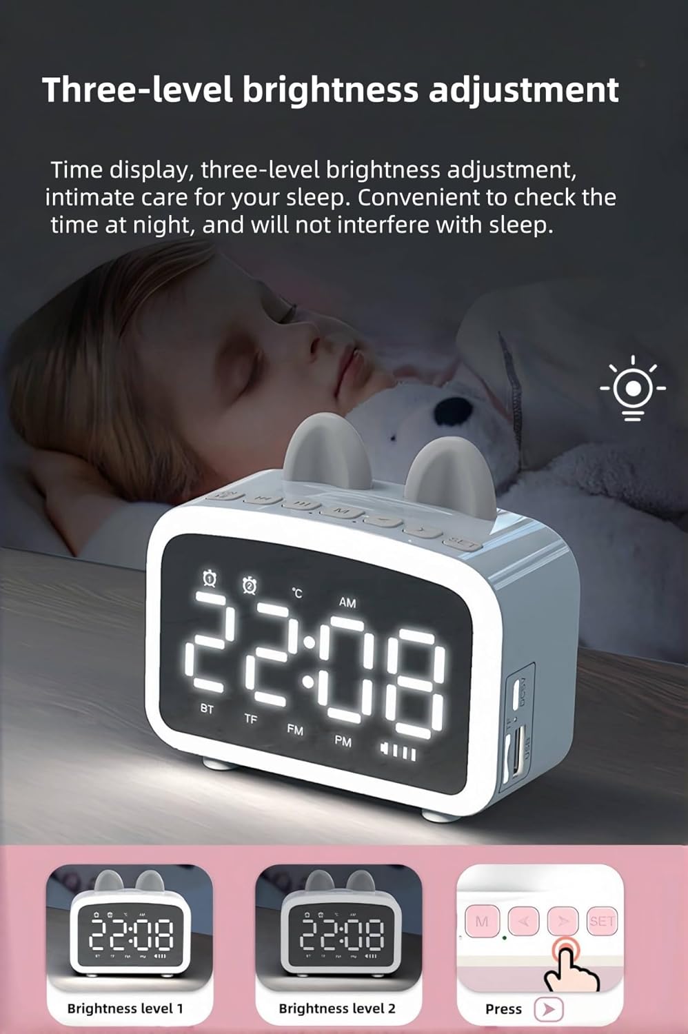 Bluetooth Alarm Clock with FM Radio and Night Light Pink