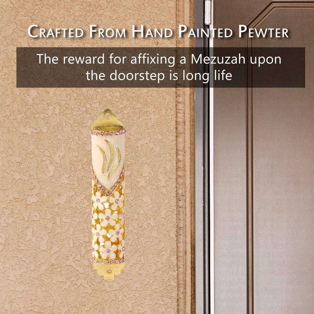 Matashi 425 Inch Hand Painted Mezuzah with Scroll and Floral Design