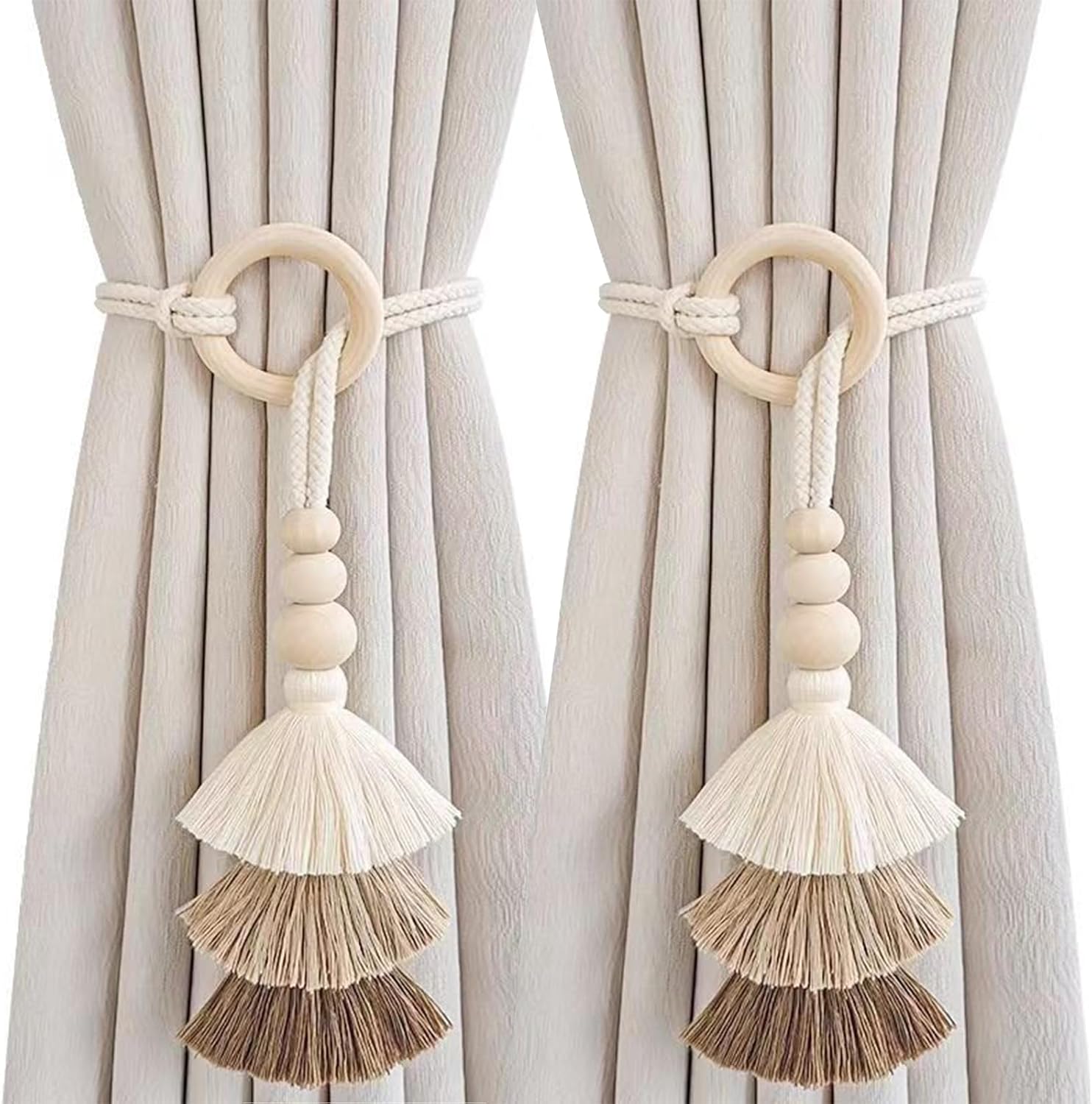 2pcs Wooden Bead Curtain Tiebacks Coffee